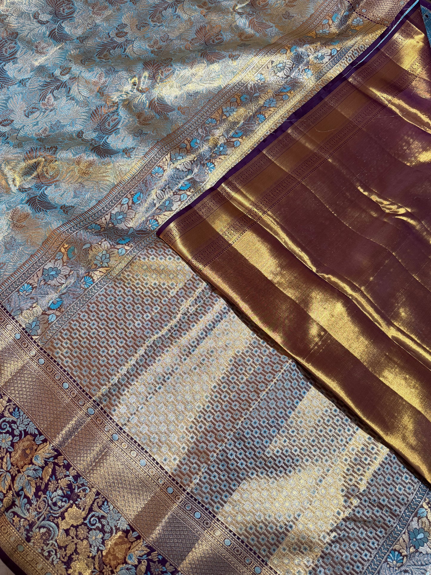 Sea Green & Blue Pure Kanchipattu Saree with Gold-Silver Zari Brocade and Meenakari Maroon Border