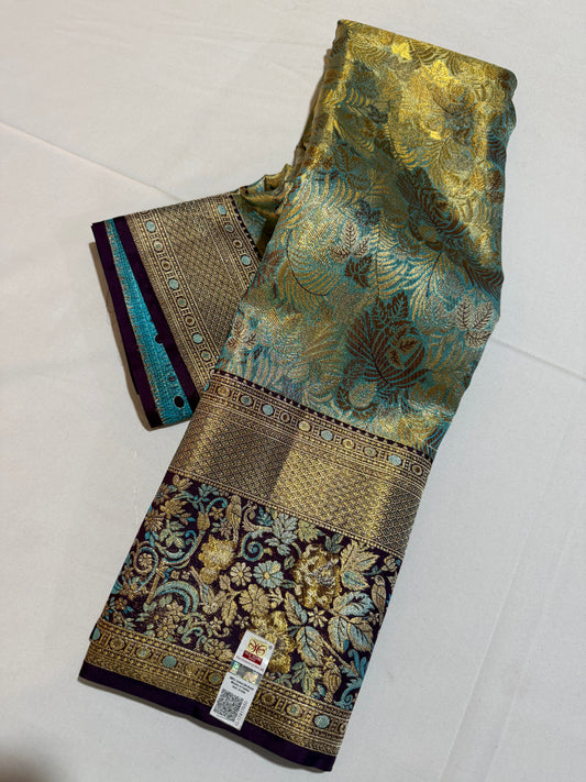 Sea Green & Blue Pure Kanchipattu Saree with Gold-Silver Zari Brocade and Meenakari Maroon Border