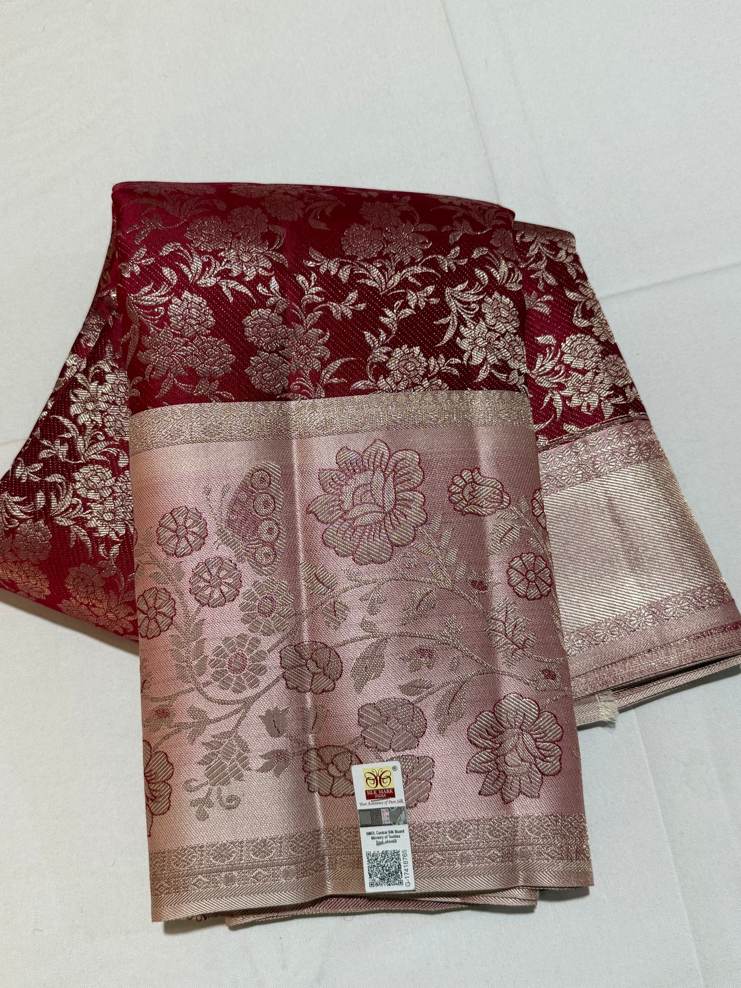 Royal Maroon Pure Kanchipattu Saree with Meenakari Ragi Silver Border