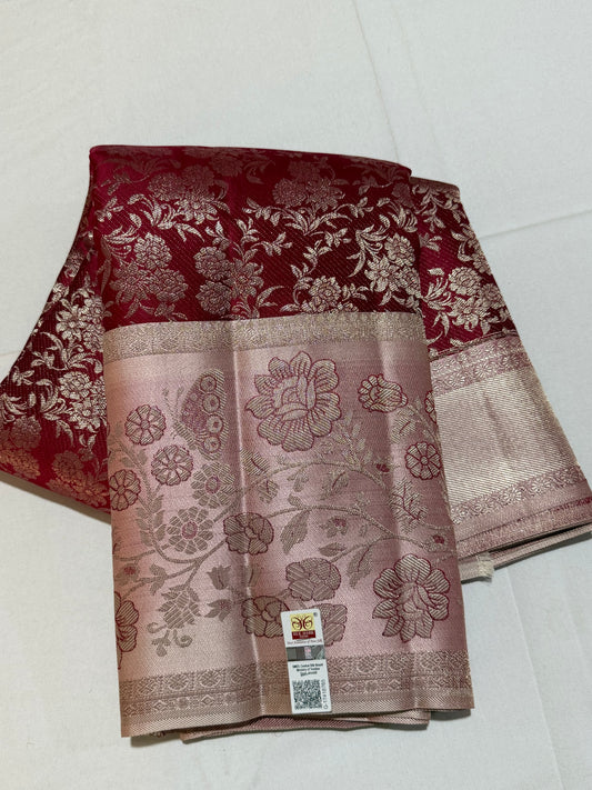Royal Maroon Pure Kanchipattu Saree with Meenakari Ragi Silver Border