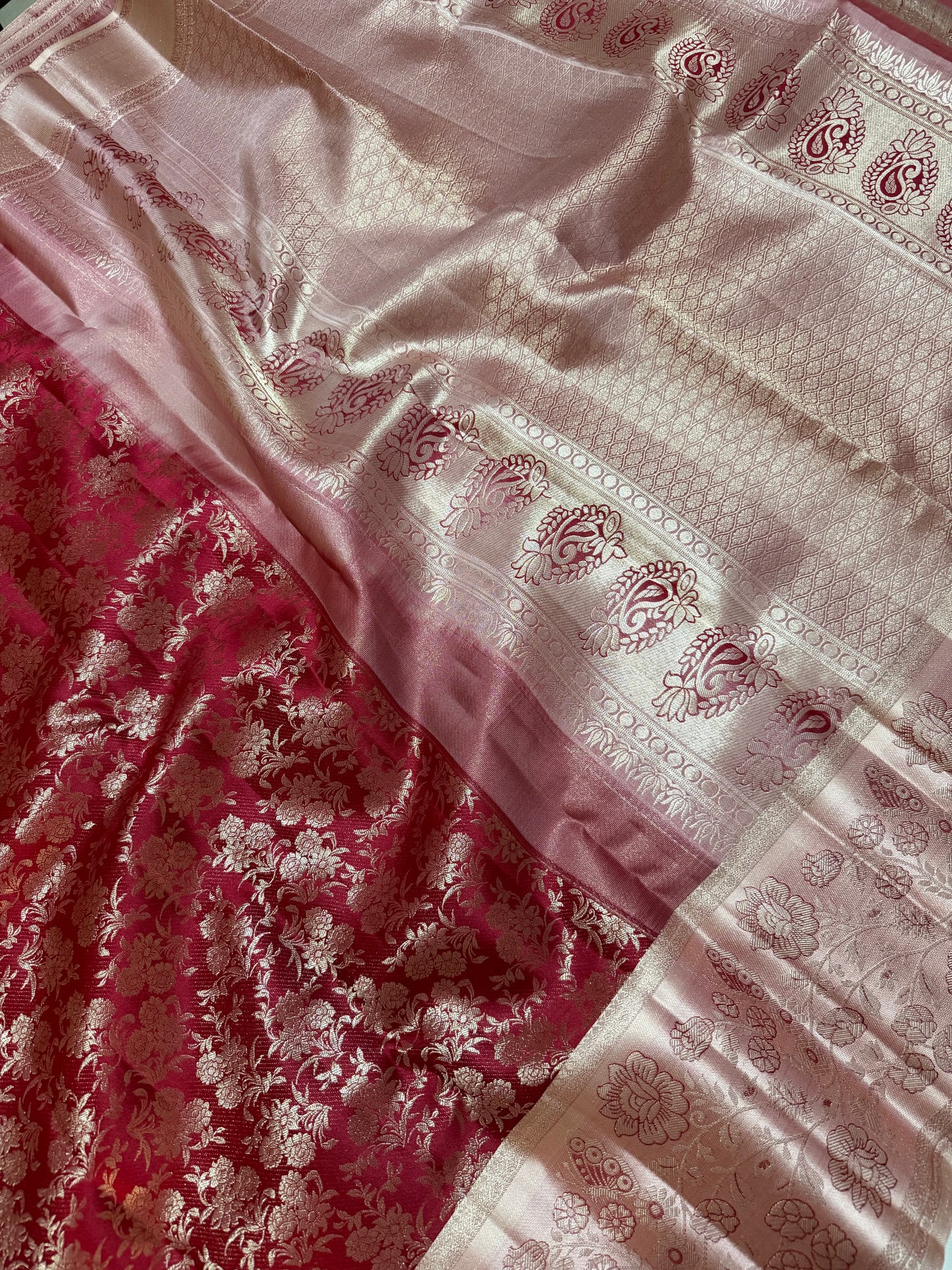 Royal Maroon Pure Kanchipattu Saree with Meenakari Ragi Silver Border