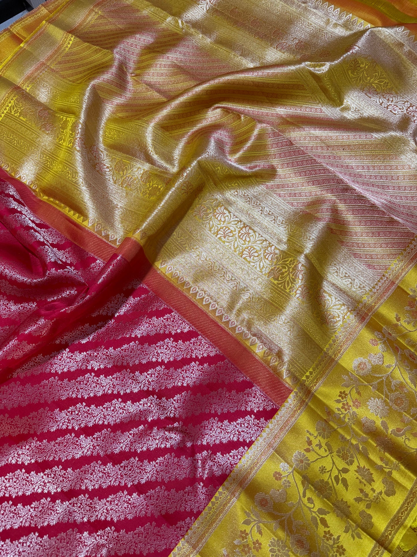 Red Pure Kanchipattu Saree with Gold Zari Banarasi Design and Meenakari Yellow Border