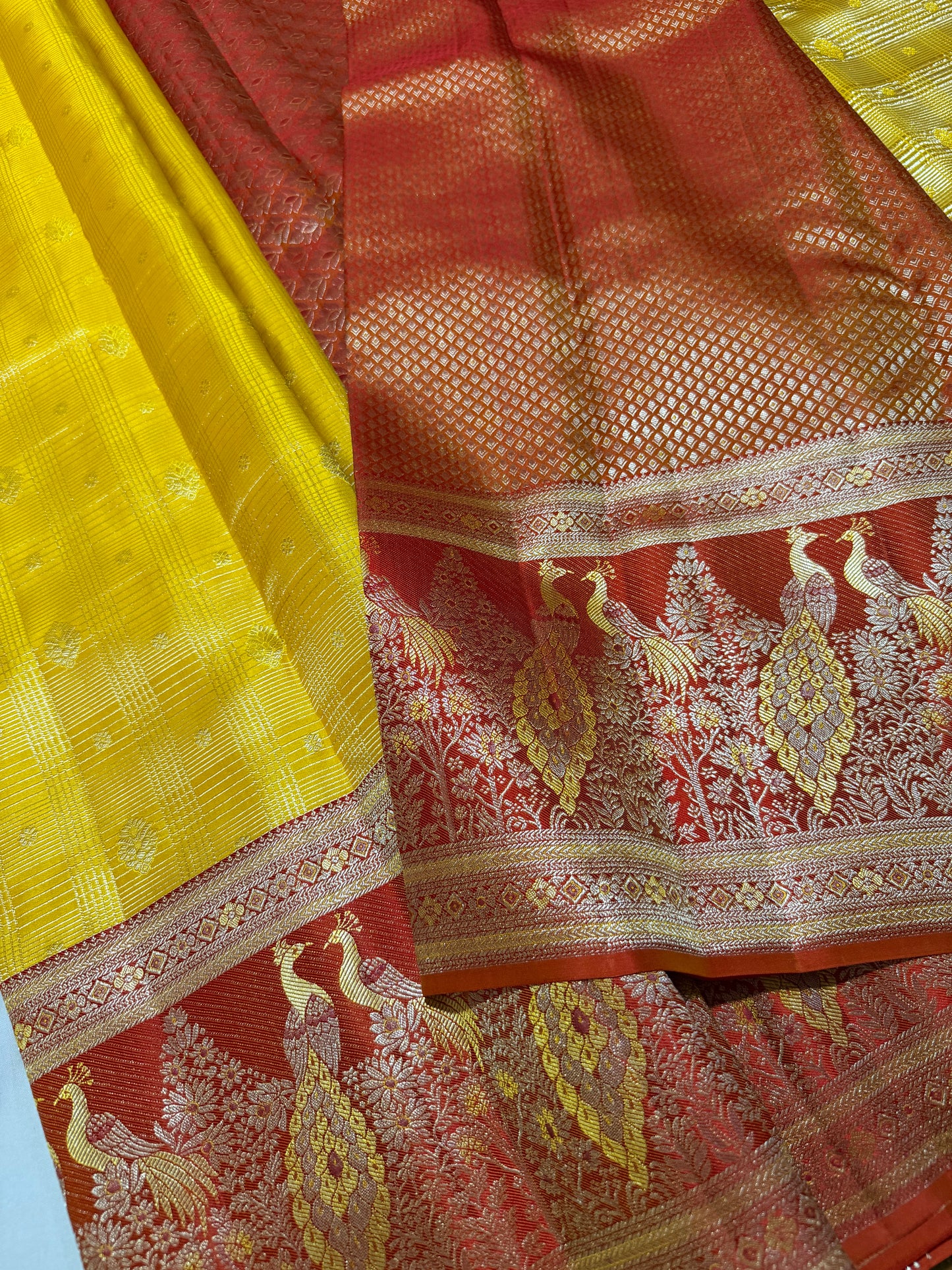 Mustard Yellow Pure Kanchipattu Vintage Saree with Meenakari Red Peacock Motif Border