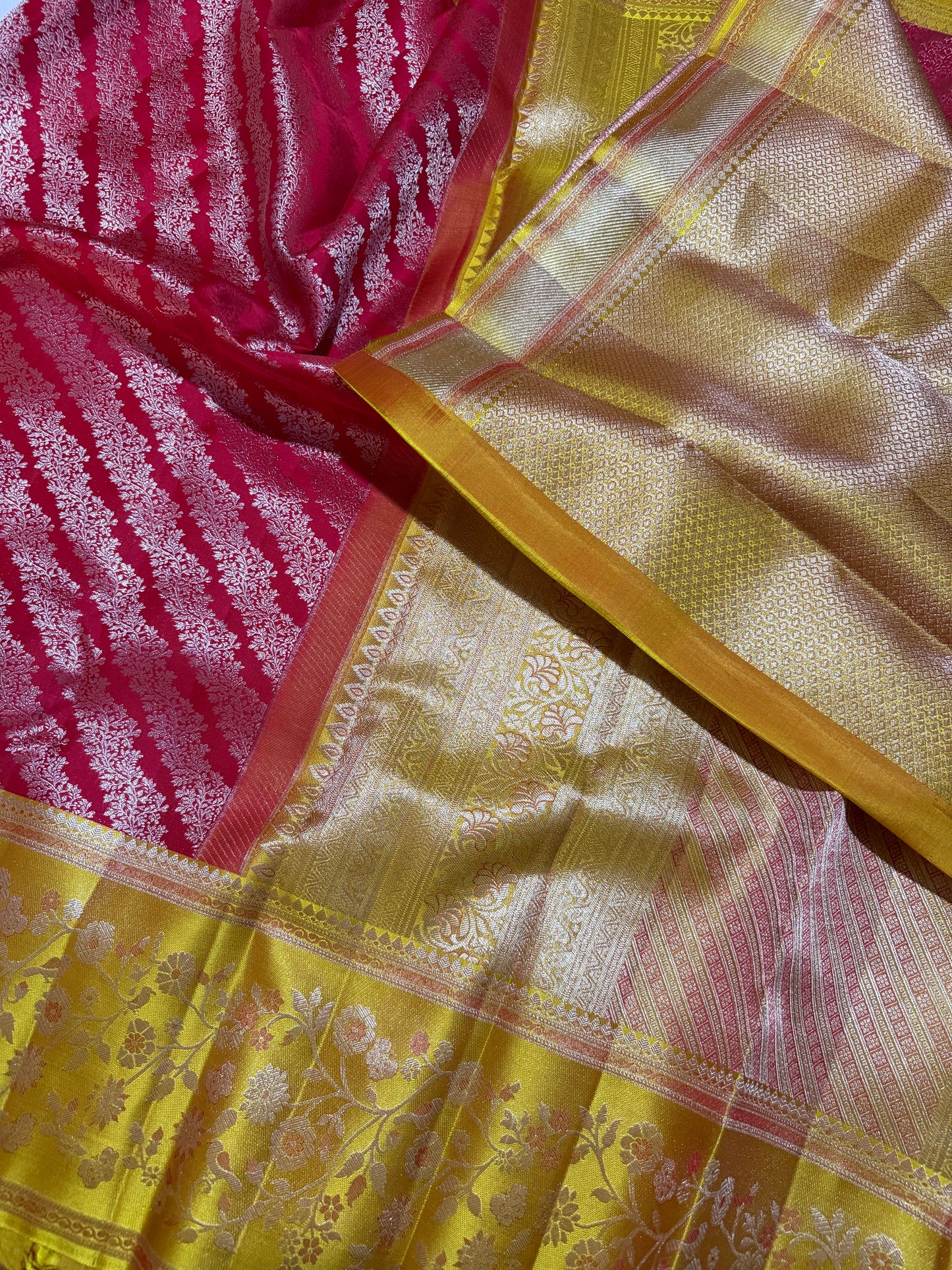 Red Pure Kanchipattu Saree with Gold Zari Banarasi Design and Meenakari Yellow Border