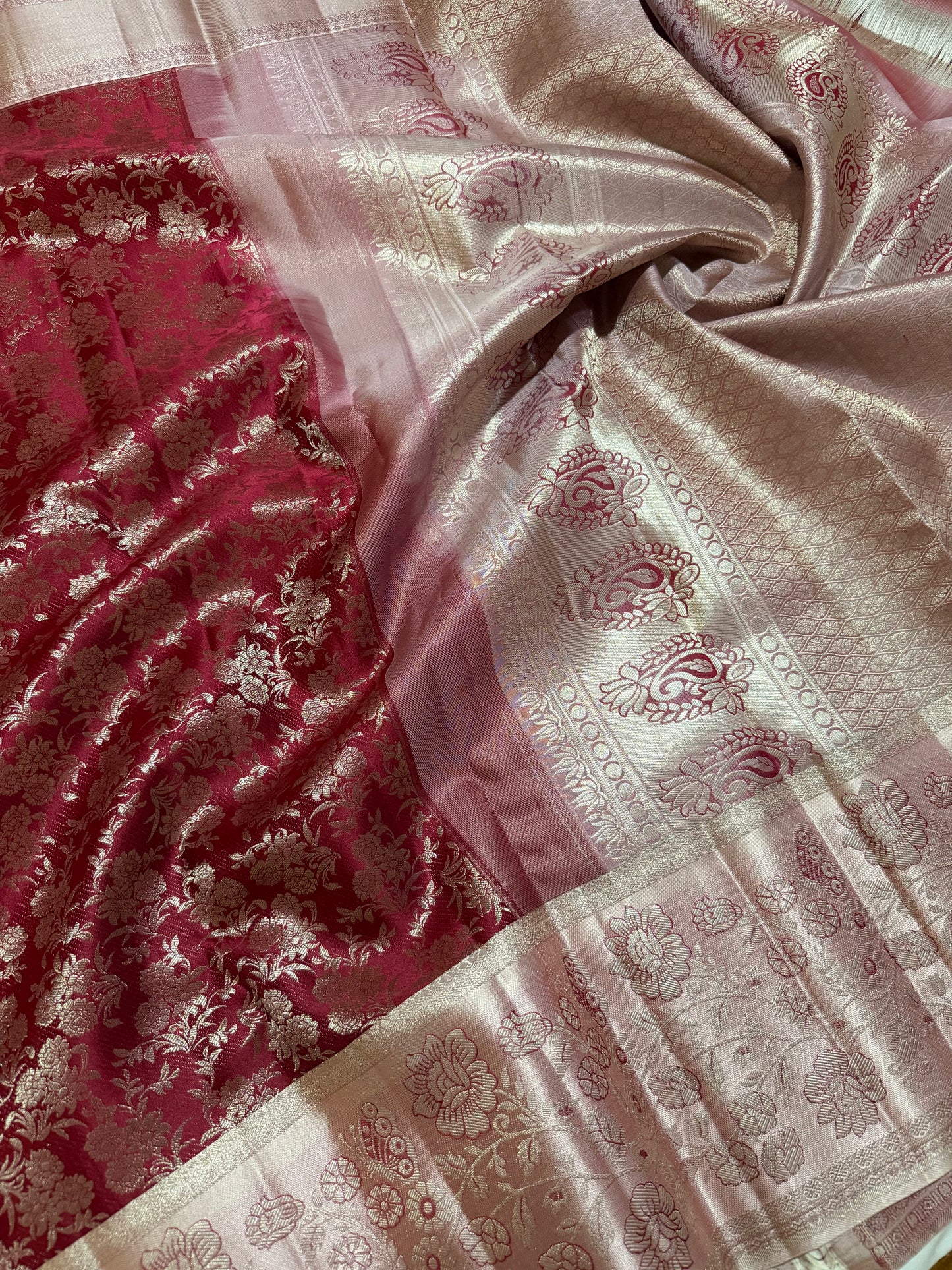 Royal Maroon Pure Kanchipattu Saree with Meenakari Ragi Silver Border
