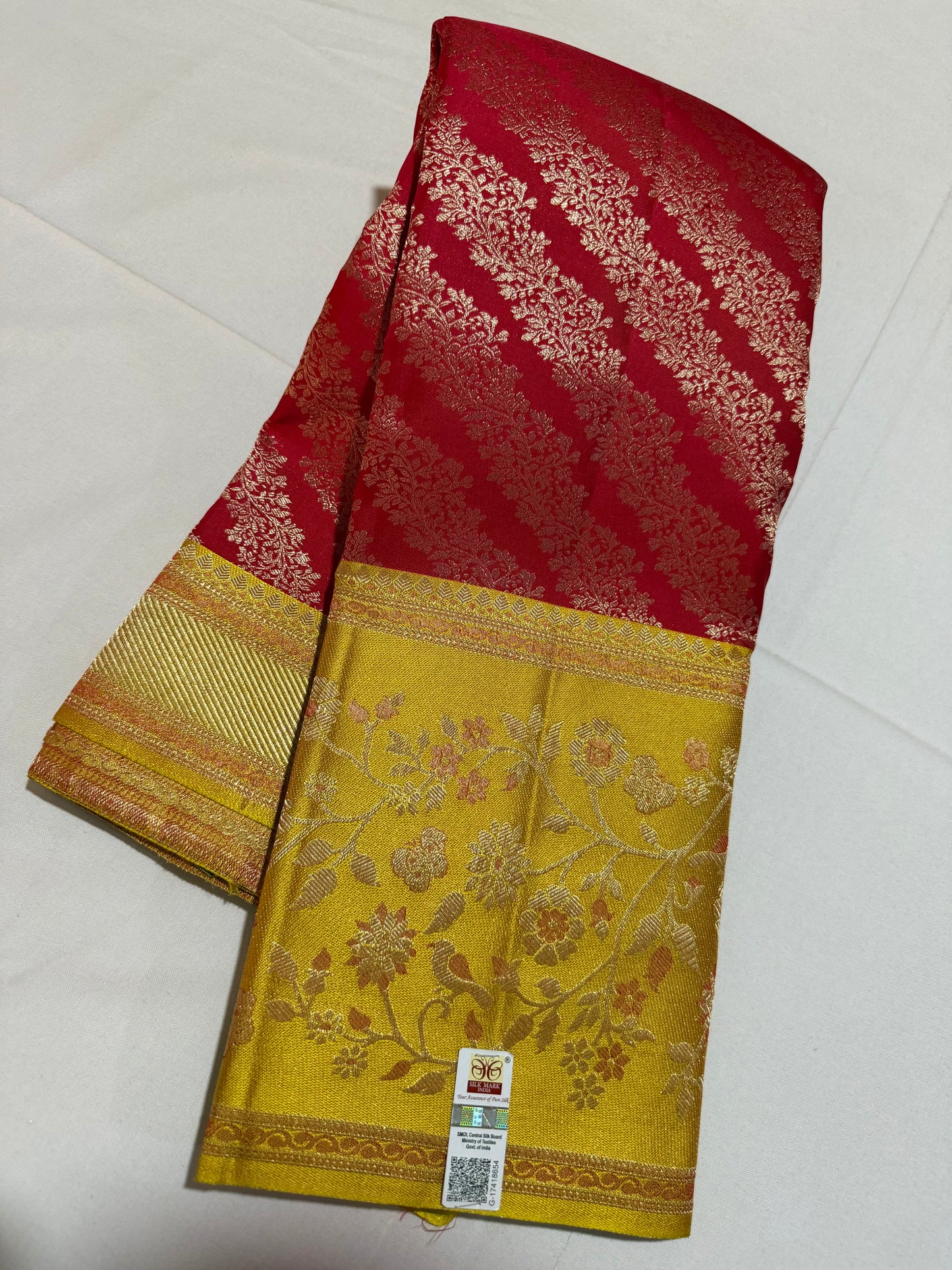 Red Pure Kanchipattu Saree with Gold Zari Banarasi Design and Meenakari Yellow Border
