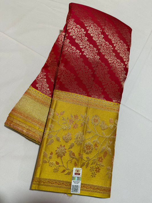 Red Pure Kanchipattu Saree with Gold Zari Banarasi Design and Meenakari Yellow Border