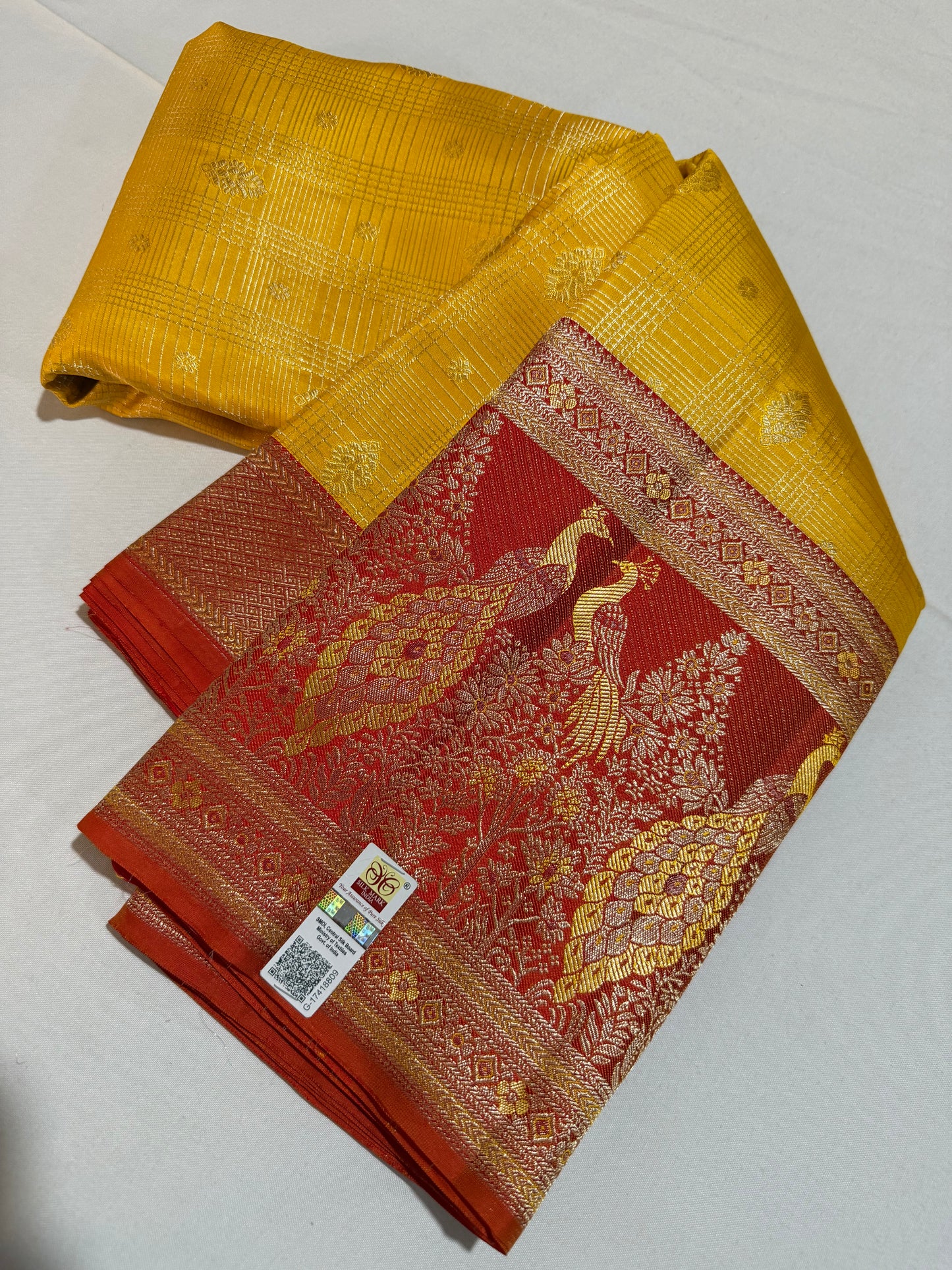 Mustard Yellow Pure Kanchipattu Vintage Saree with Meenakari Red Peacock Motif Border
