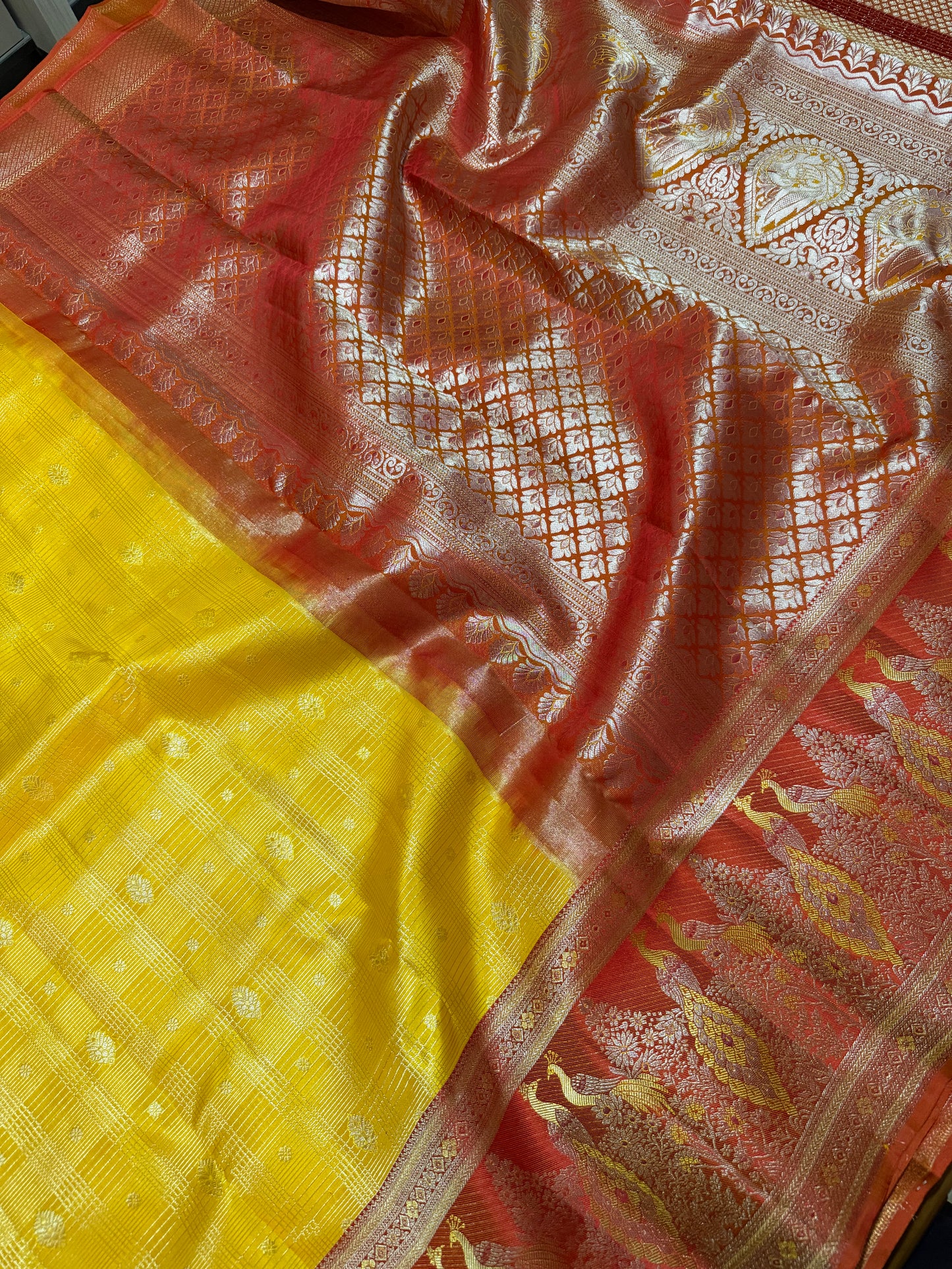 Mustard Yellow Pure Kanchipattu Vintage Saree with Meenakari Red Peacock Motif Border