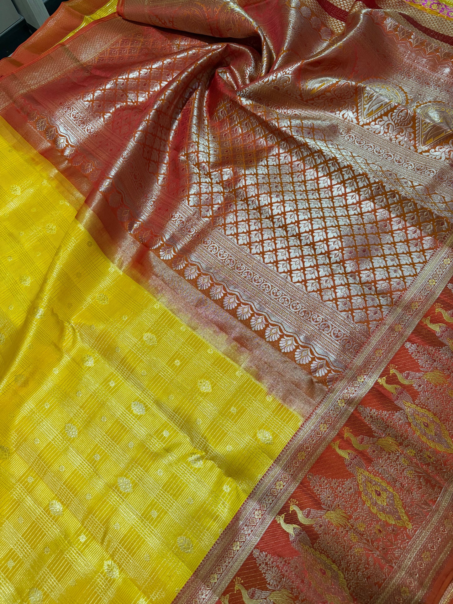 Mustard Yellow Pure Kanchipattu Vintage Saree with Meenakari Red Peacock Motif Border