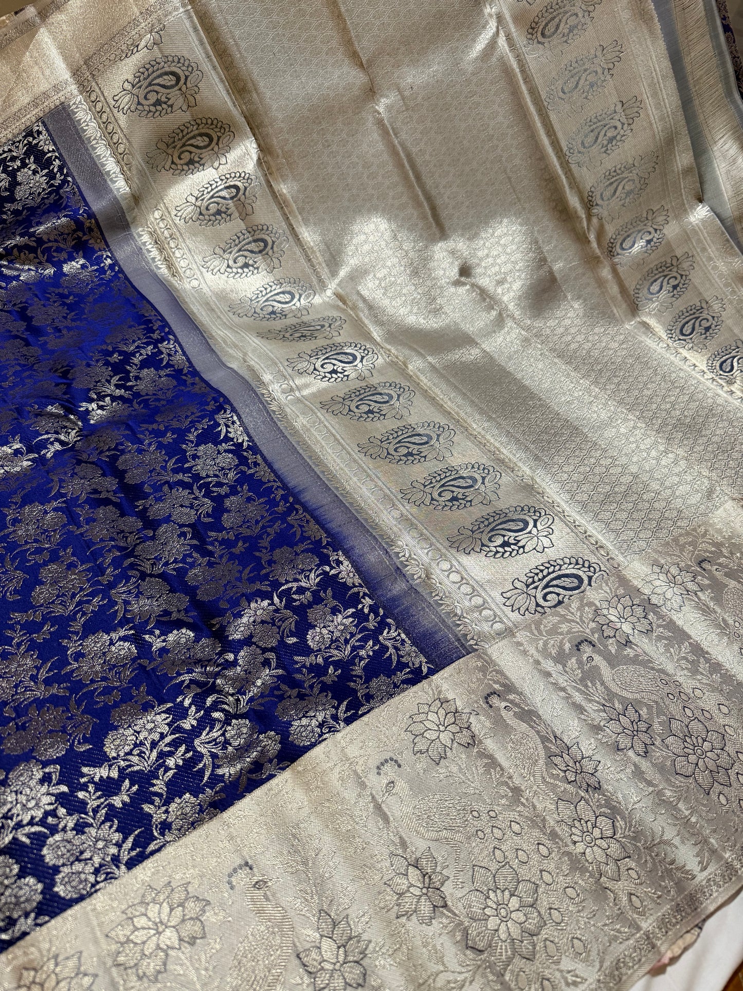 Royal Blue Pure Kanchipattu Saree with Banarasi Design and Off White Meenakari Border