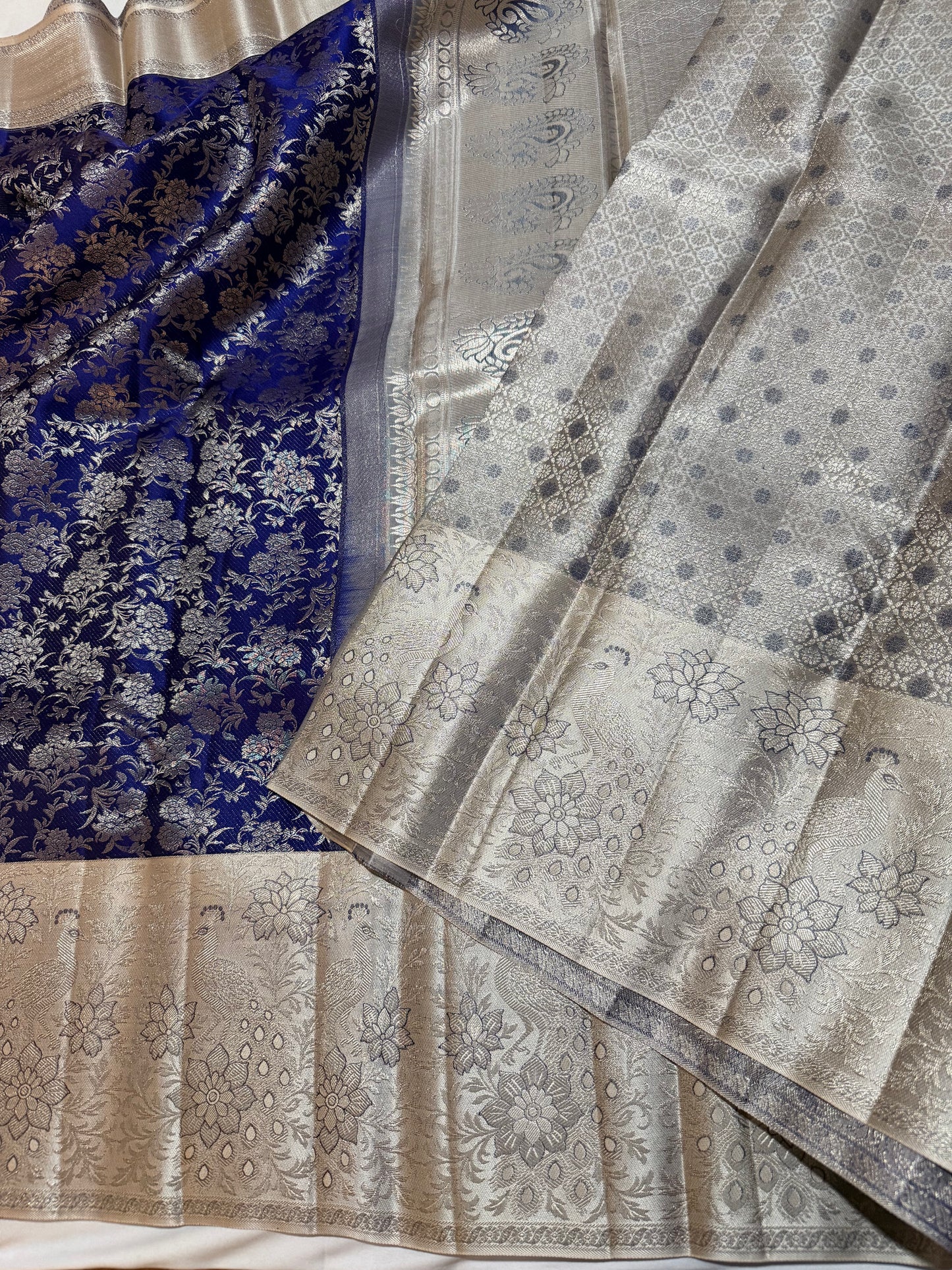 Royal Blue Pure Kanchipattu Saree with Banarasi Design and Off White Meenakari Border