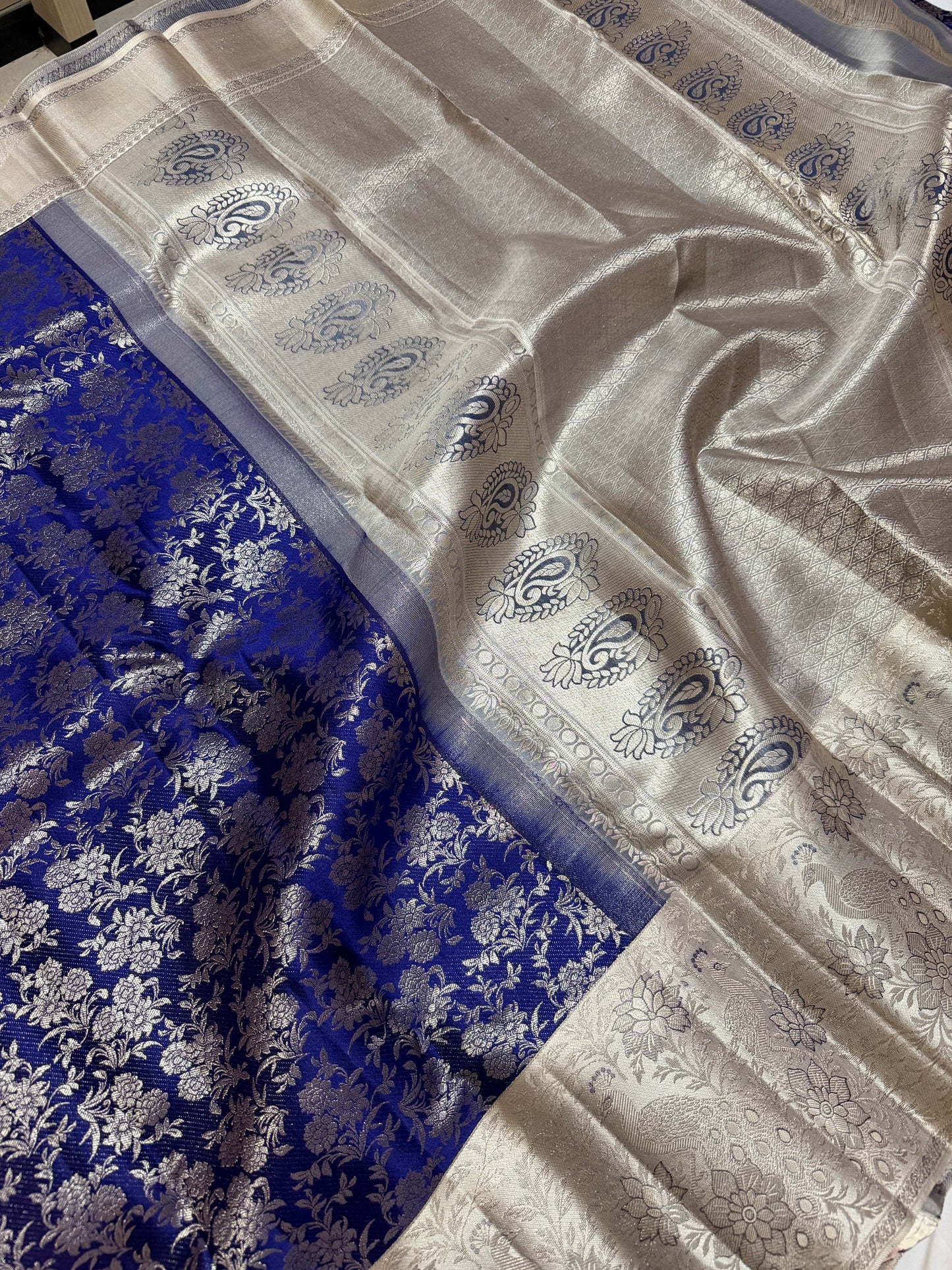 Royal Blue Pure Kanchipattu Saree with Banarasi Design and Off White Meenakari Border