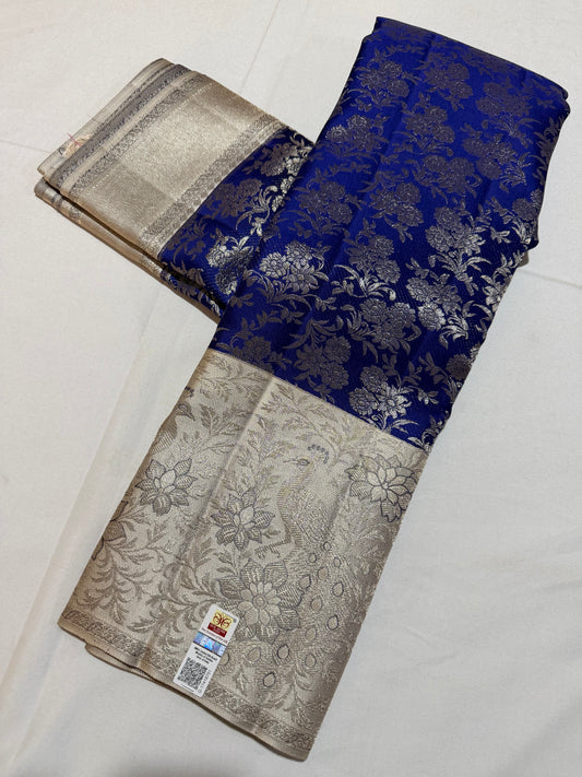 Royal Blue Pure Kanchipattu Saree with Banarasi Design and Off White Meenakari Border