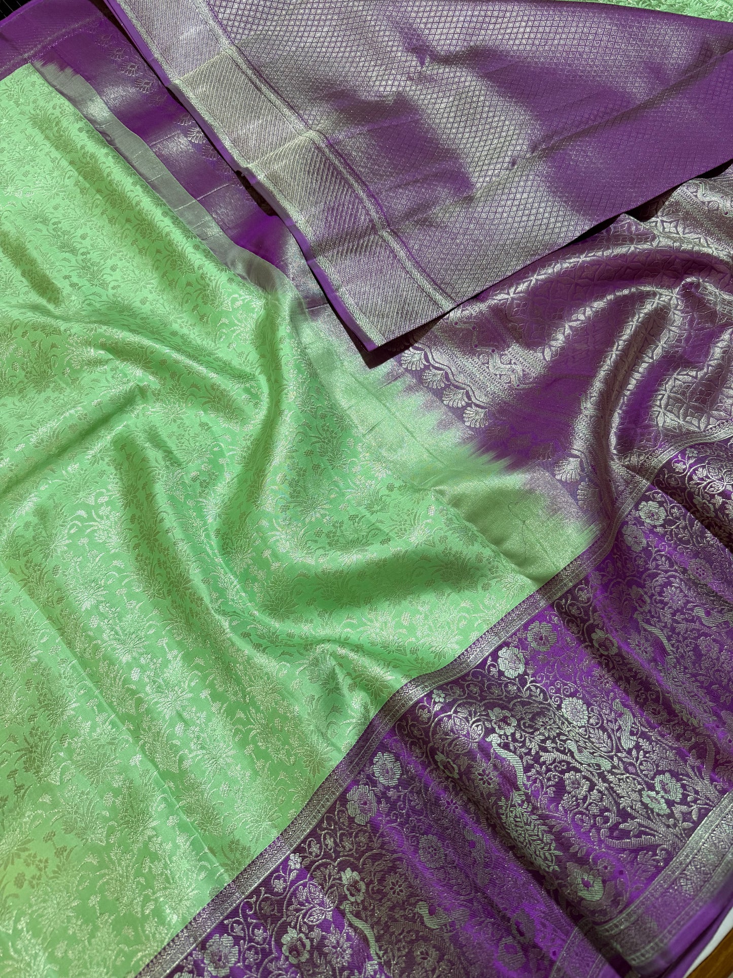 Sea Green Pure Kanchipattu Saree with Brocade Body and Purple Meenakari Border