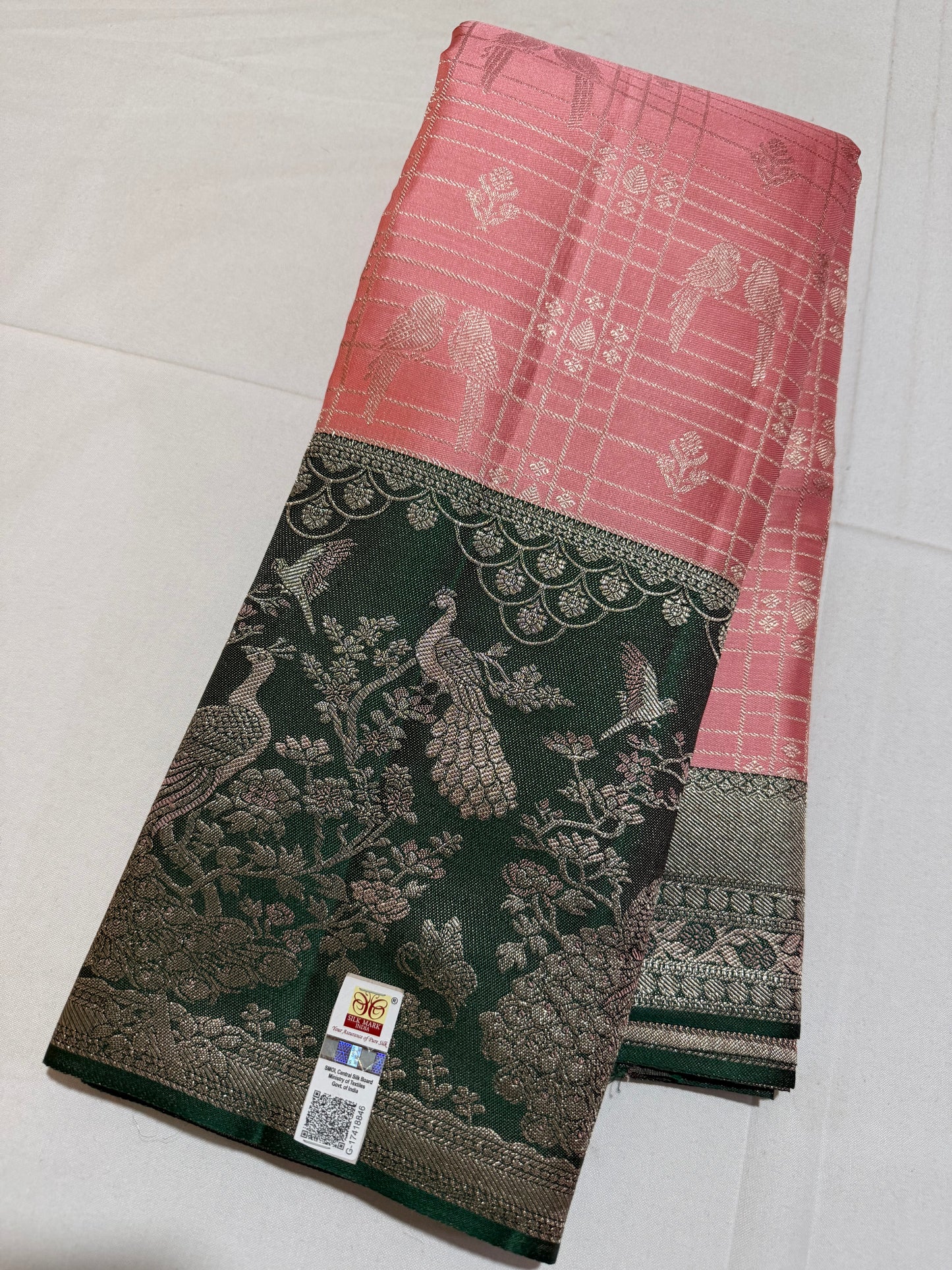 Vintage Kanakambaram Pure Kanchipattu Saree with Parrot Motifs and Bottle Green Peacock Meenakari Border