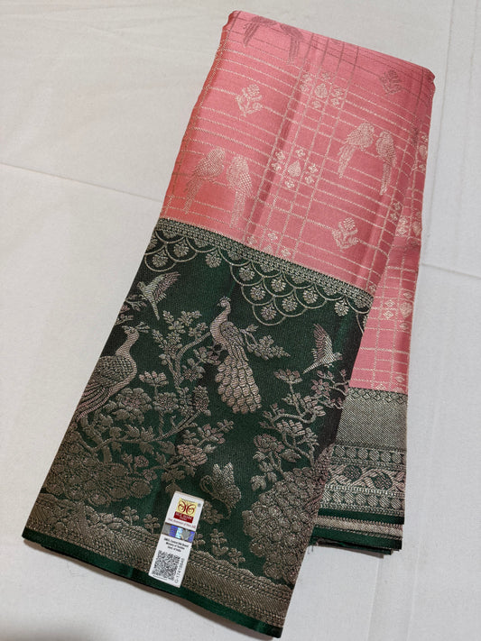 Vintage Kanakambaram Pure Kanchipattu Saree with Parrot Motifs and Bottle Green Peacock Meenakari Border