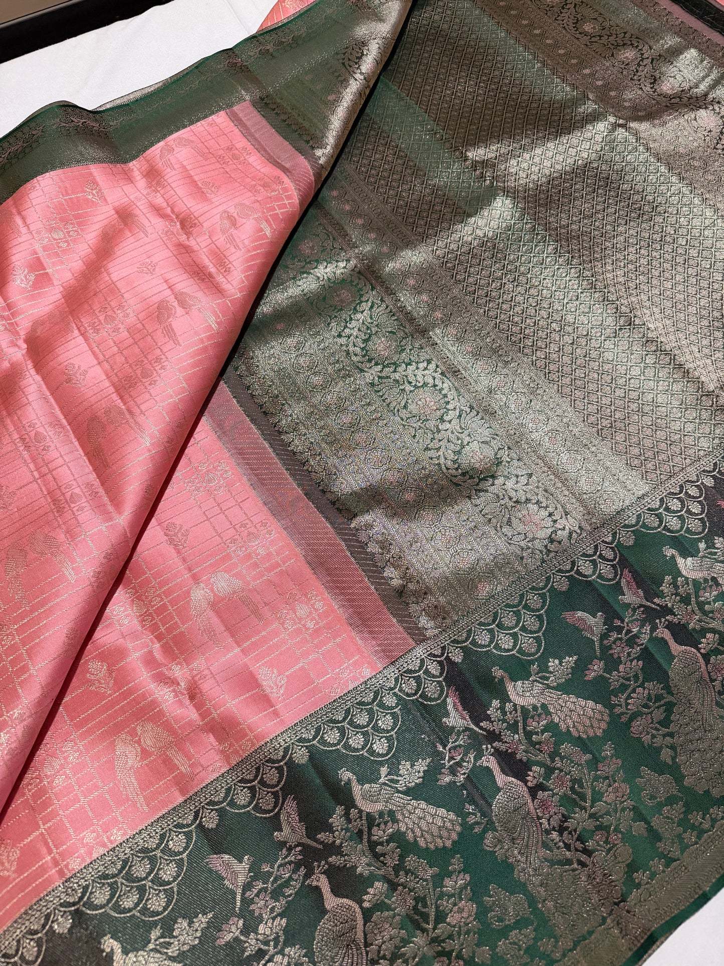 Vintage Kanakambaram Pure Kanchipattu Saree with Parrot Motifs and Bottle Green Peacock Meenakari Border