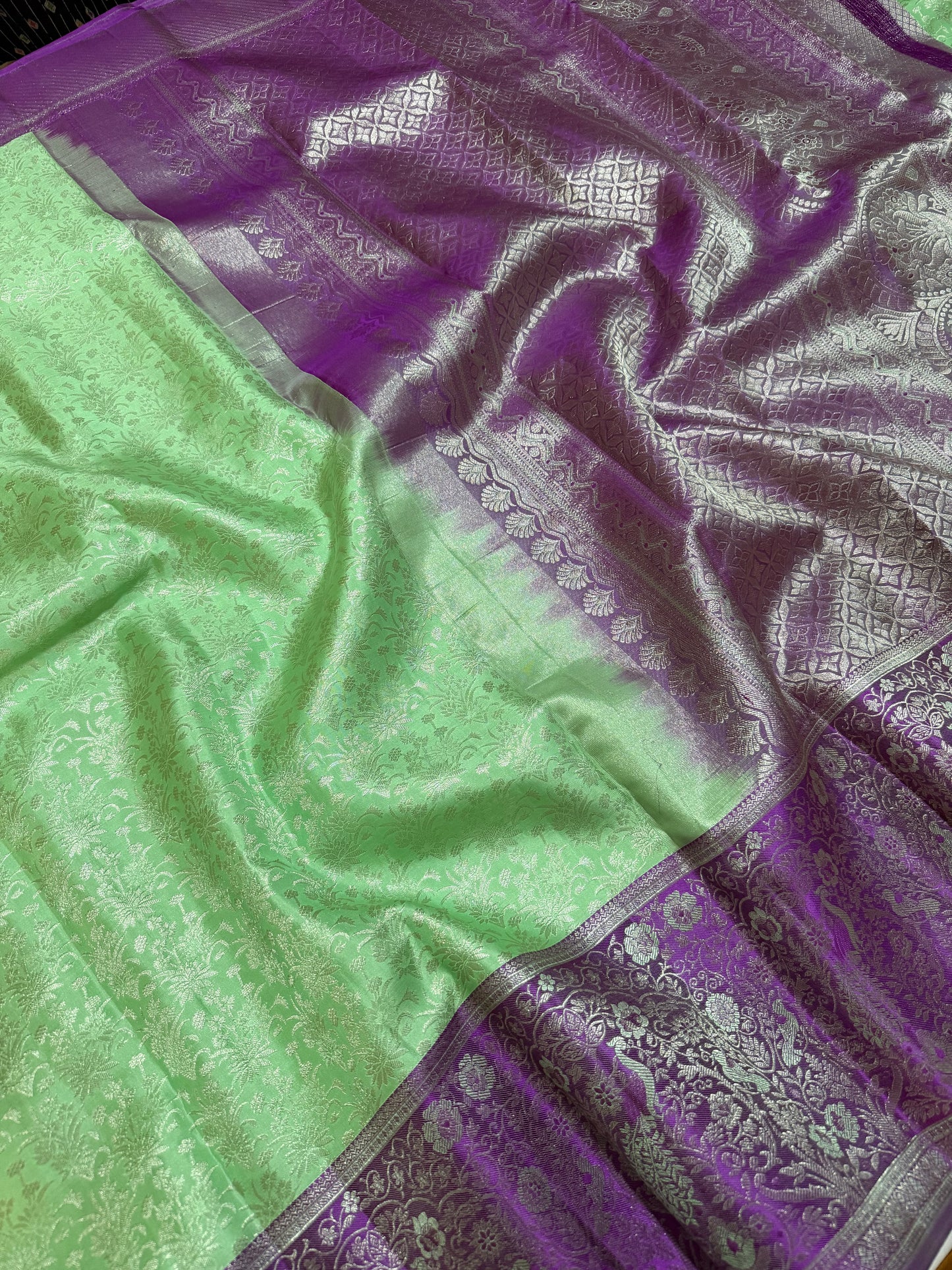 Sea Green Pure Kanchipattu Saree with Brocade Body and Purple Meenakari Border