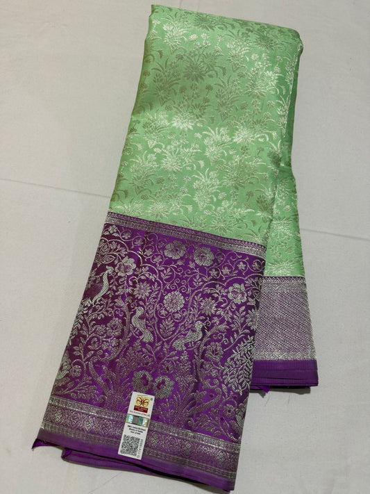 Sea Green Pure Kanchipattu Saree with Brocade Body and Purple Meenakari Border