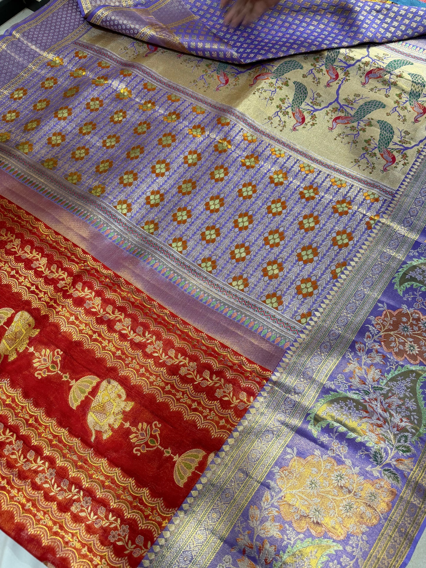 Tomato Red Pure Kanchipattu Saree with Royal Blue Meenakari Border | Silk Mark Certified