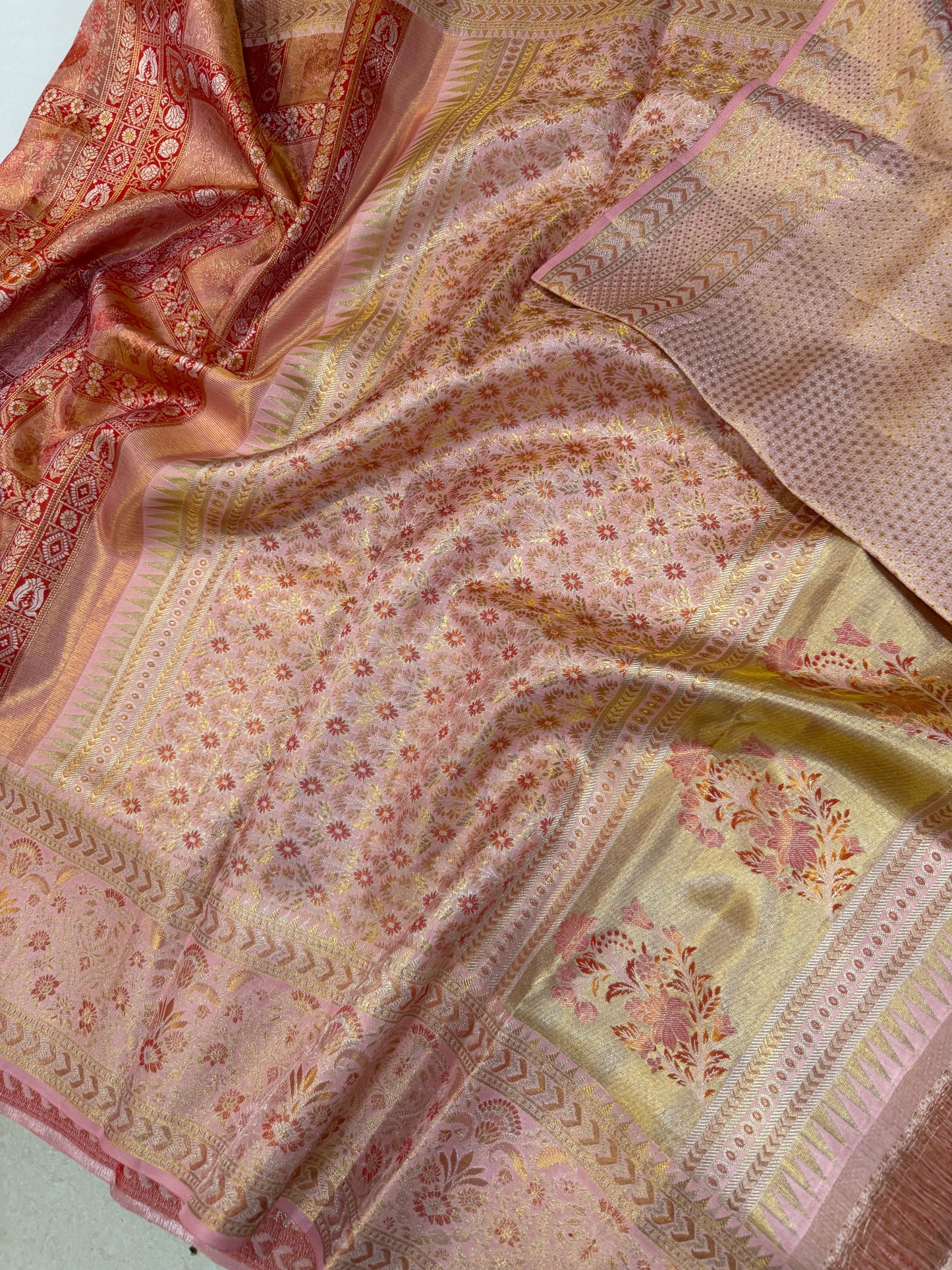 Tomato Red Pure Kanchipattu Saree with Gold Zari Body & Peach Pink Meenakari Border | Silk Mark Certified