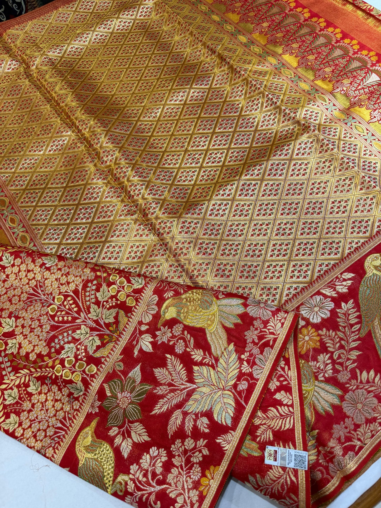Self Tomato Red Pure Kanchipattu Saree with Gold Zari Meenakari Weaving & Parrot Motif Border | Silk Mark Certified