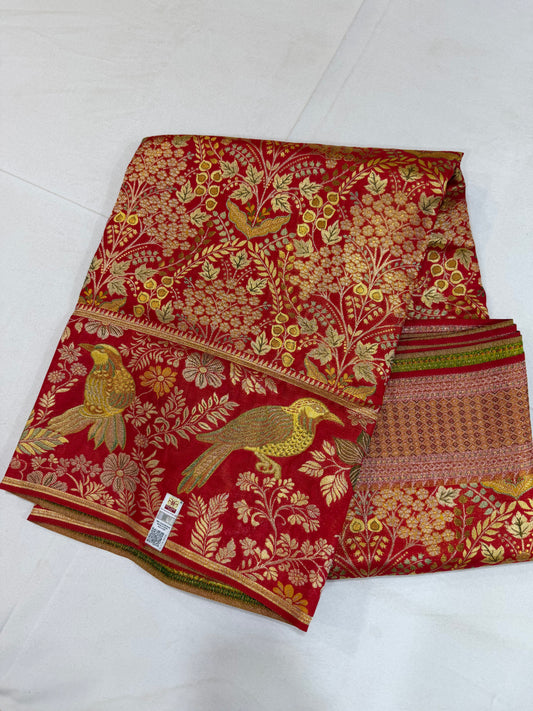 Self Tomato Red Pure Kanchipattu Saree with Gold Zari Meenakari Weaving & Parrot Motif Border | Silk Mark Certified