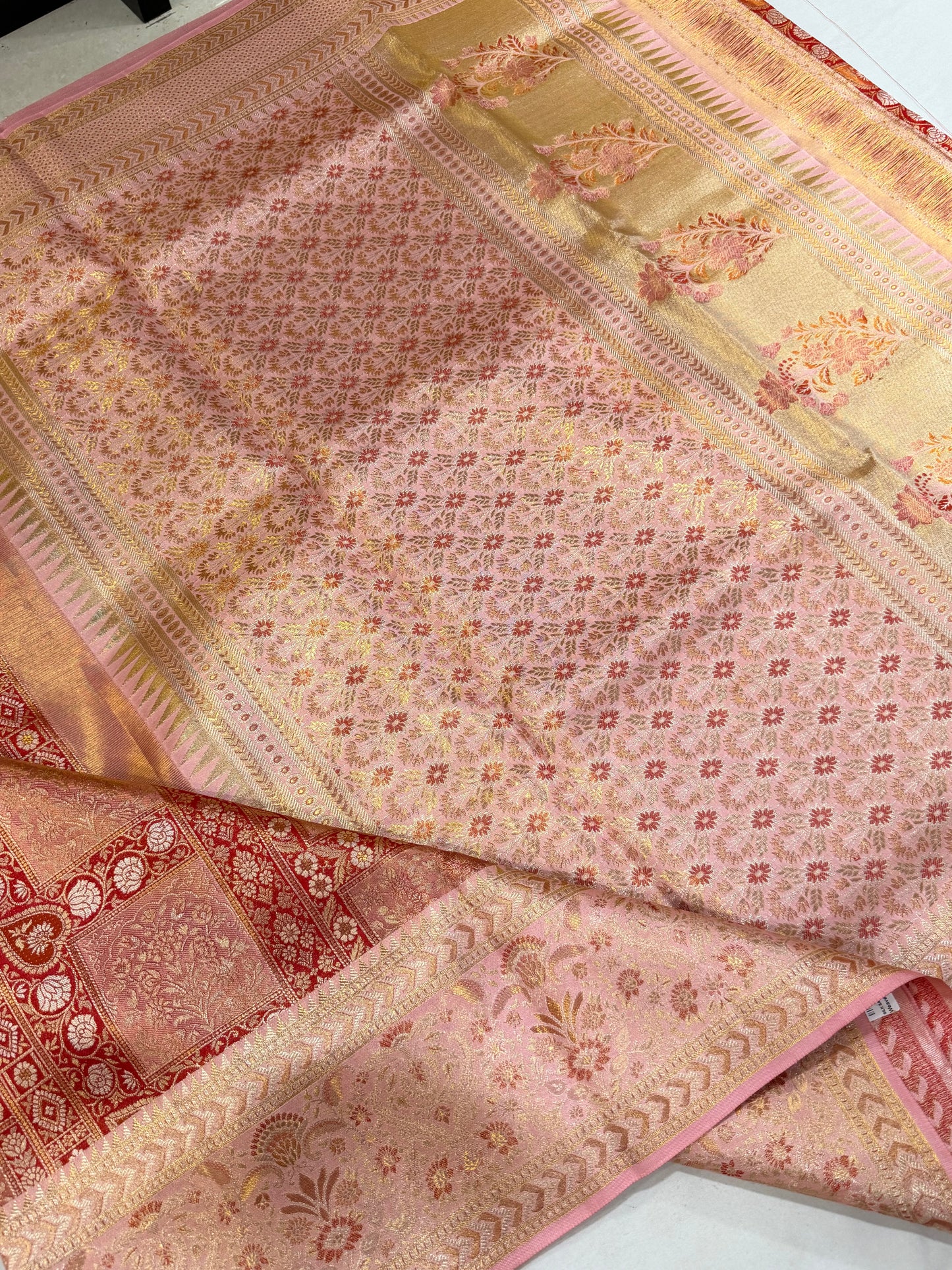 Tomato Red Pure Kanchipattu Saree with Gold Zari Body & Peach Pink Meenakari Border | Silk Mark Certified