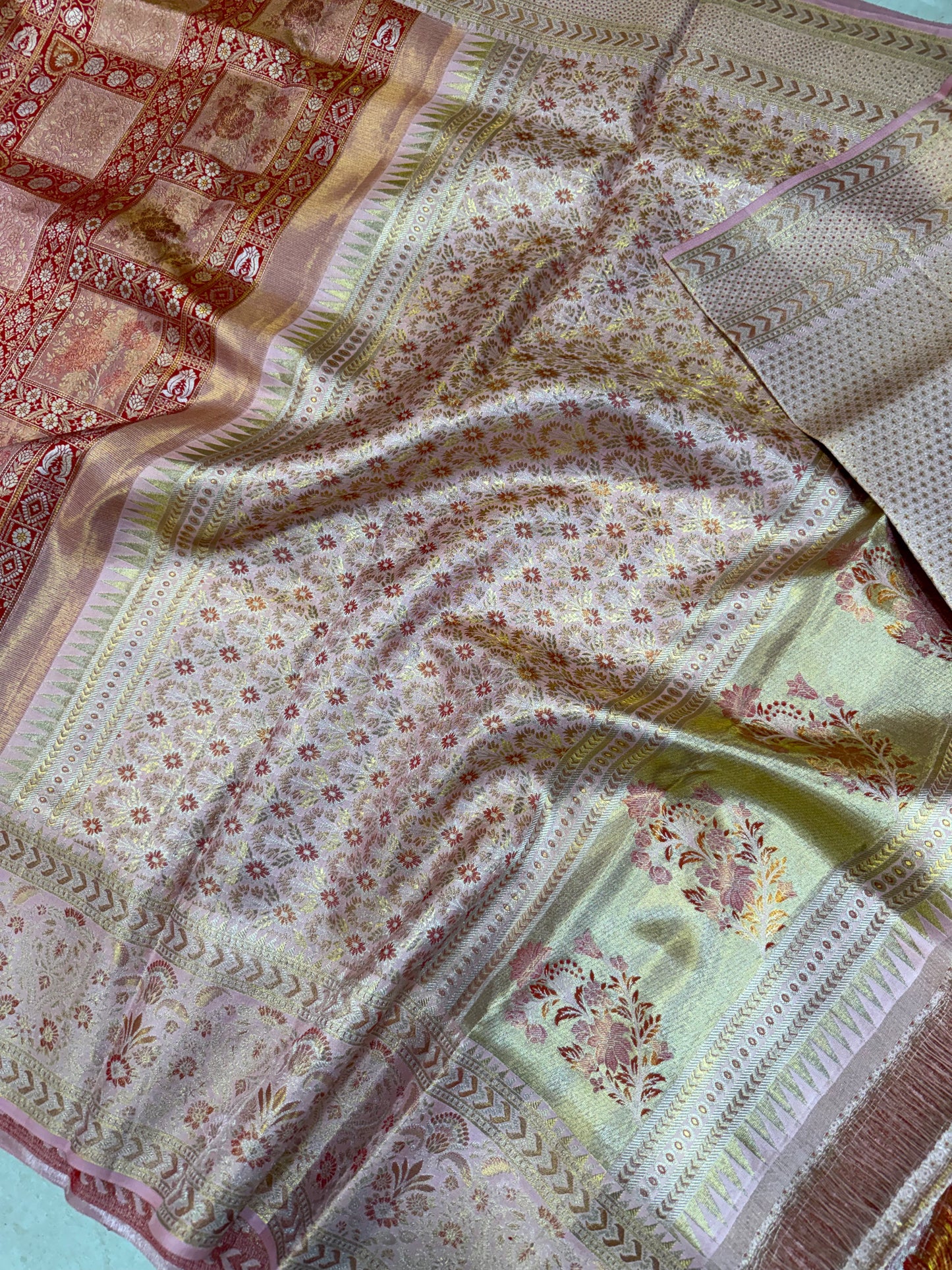 Tomato Red Pure Kanchipattu Saree with Gold Zari Body & Peach Pink Meenakari Border | Silk Mark Certified