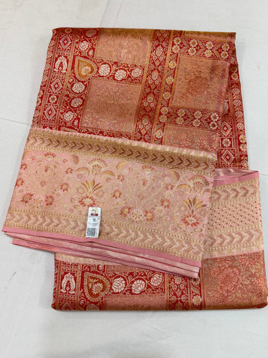 Tomato Red Pure Kanchipattu Saree with Gold Zari Body & Peach Pink Meenakari Border | Silk Mark Certified