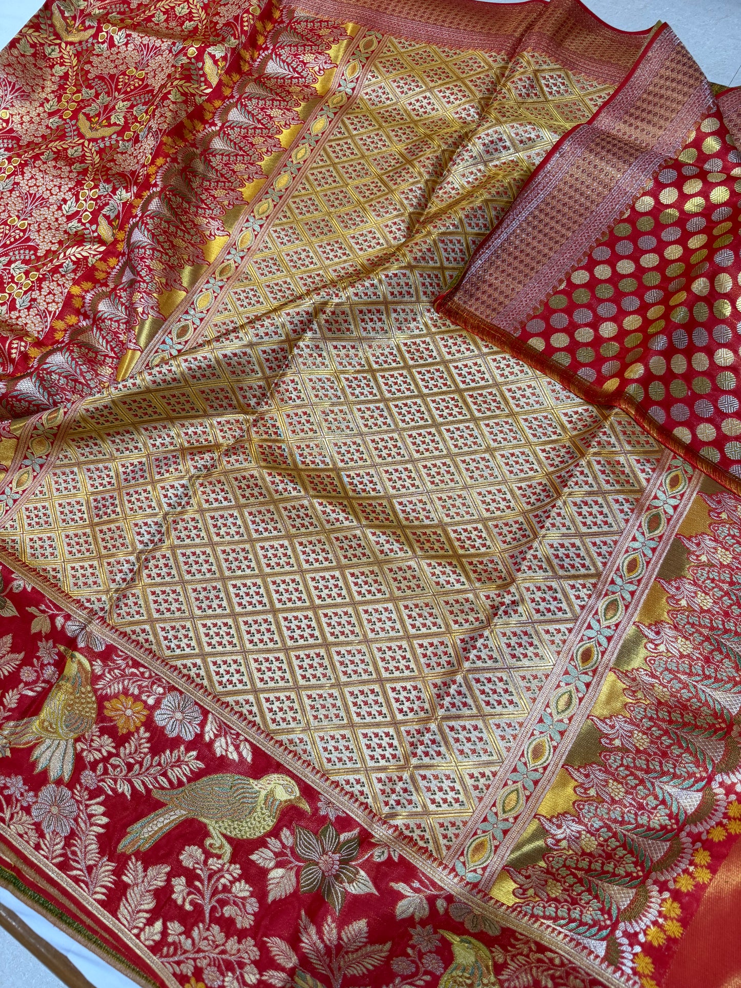 Self Tomato Red Pure Kanchipattu Saree with Gold Zari Meenakari Weaving & Parrot Motif Border | Silk Mark Certified