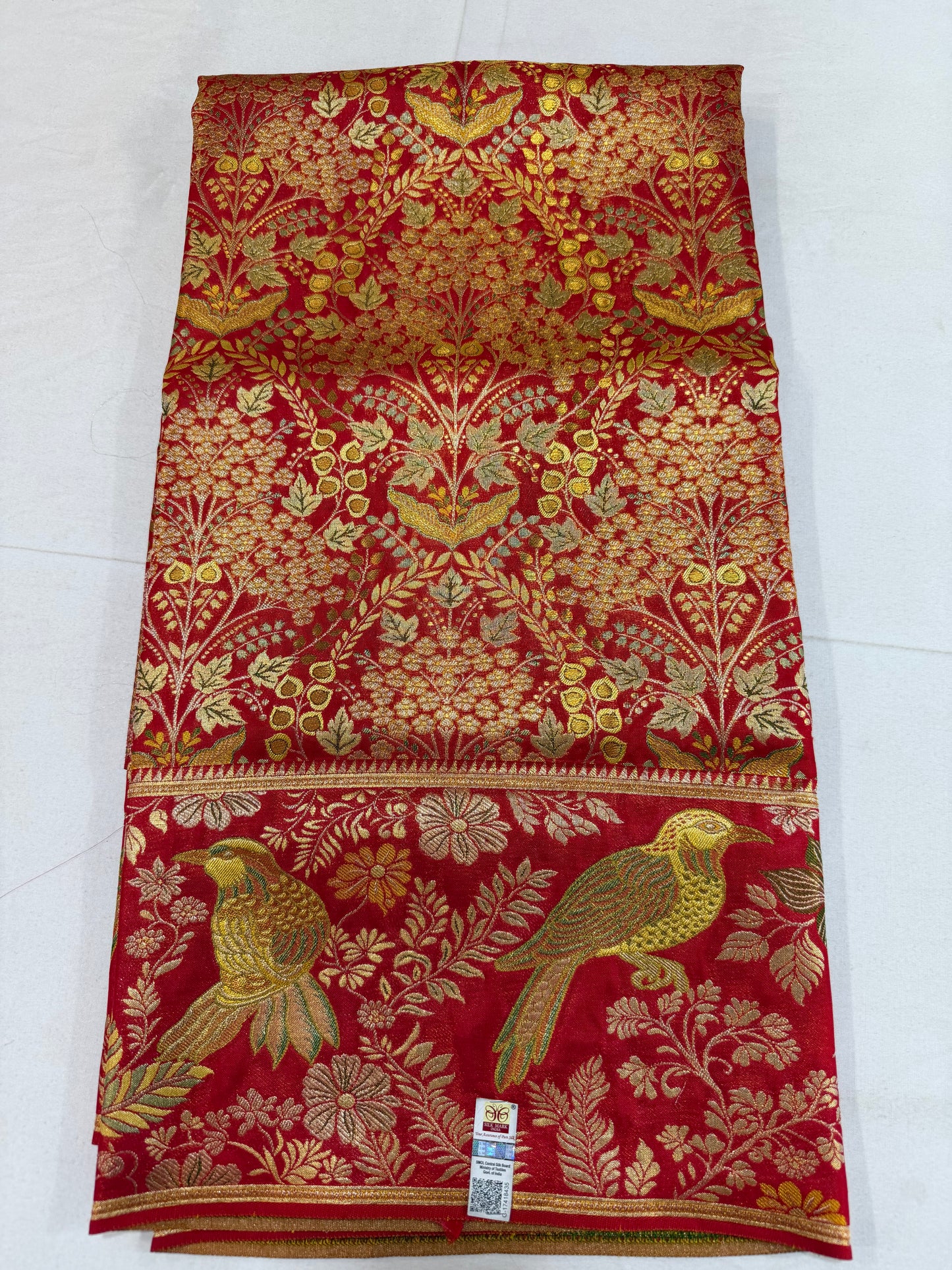 Self Tomato Red Pure Kanchipattu Saree with Gold Zari Meenakari Weaving & Parrot Motif Border | Silk Mark Certified