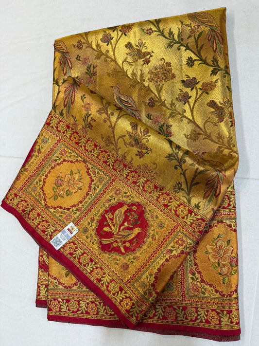 Gold Zari Meenakari Pure Kanchipattu Saree with Tomato Red Parrot Motif Border | Silk Mark Certified