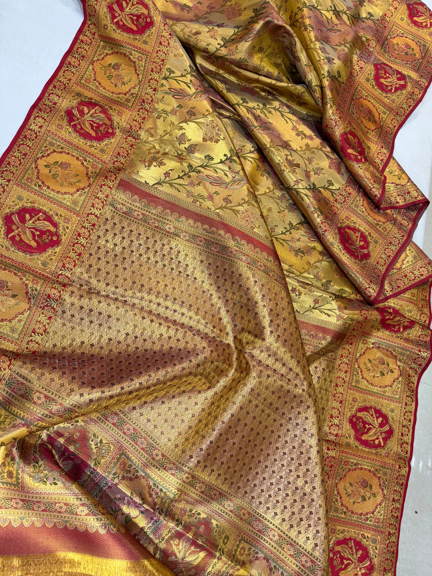 Gold Zari Meenakari Pure Kanchipattu Saree with Tomato Red Parrot Motif Border | Silk Mark Certified