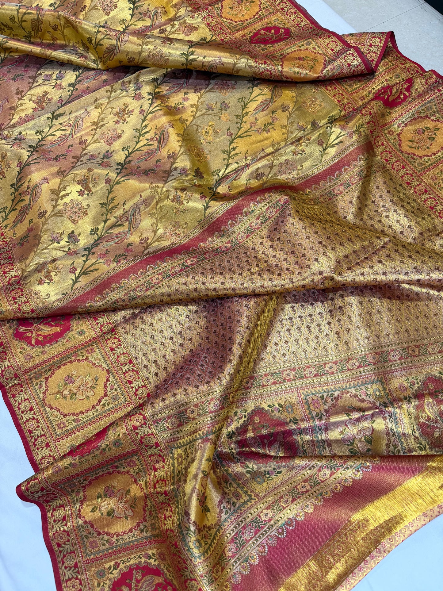 Gold Zari Meenakari Pure Kanchipattu Saree with Tomato Red Parrot Motif Border | Silk Mark Certified
