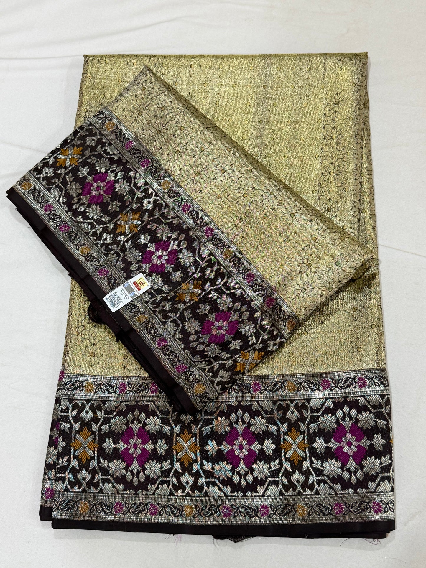 Gold Zari Pure Kanchipattu Saree with Chocolate Brown Meenakari Border | Silk Mark Certified