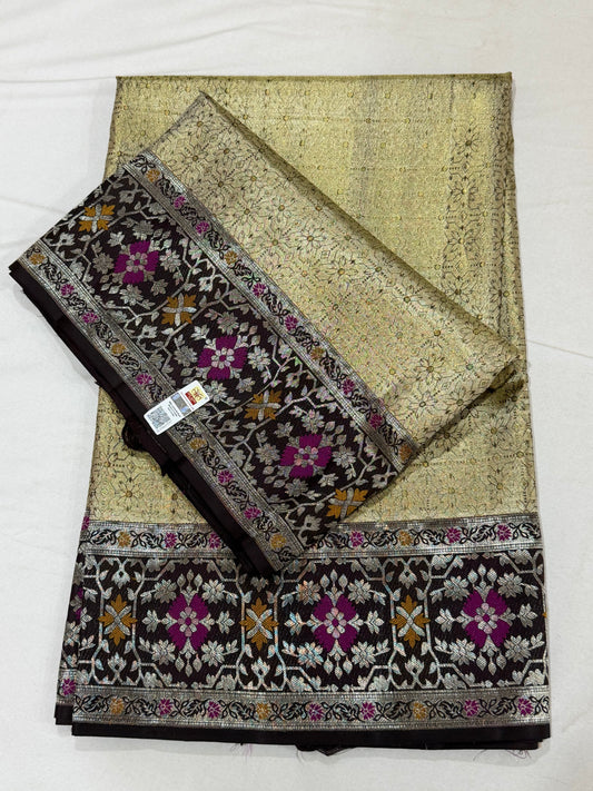 Gold Zari Pure Kanchipattu Saree with Chocolate Brown Meenakari Border | Silk Mark Certified