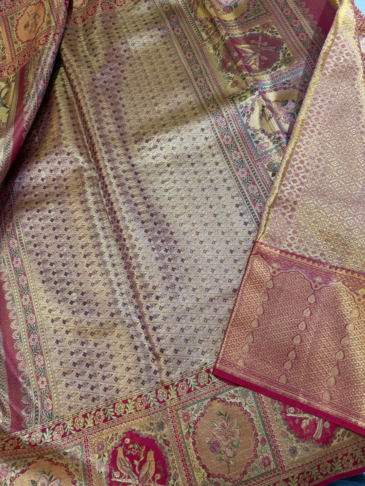 Gold Zari Meenakari Pure Kanchipattu Saree with Tomato Red Parrot Motif Border | Silk Mark Certified
