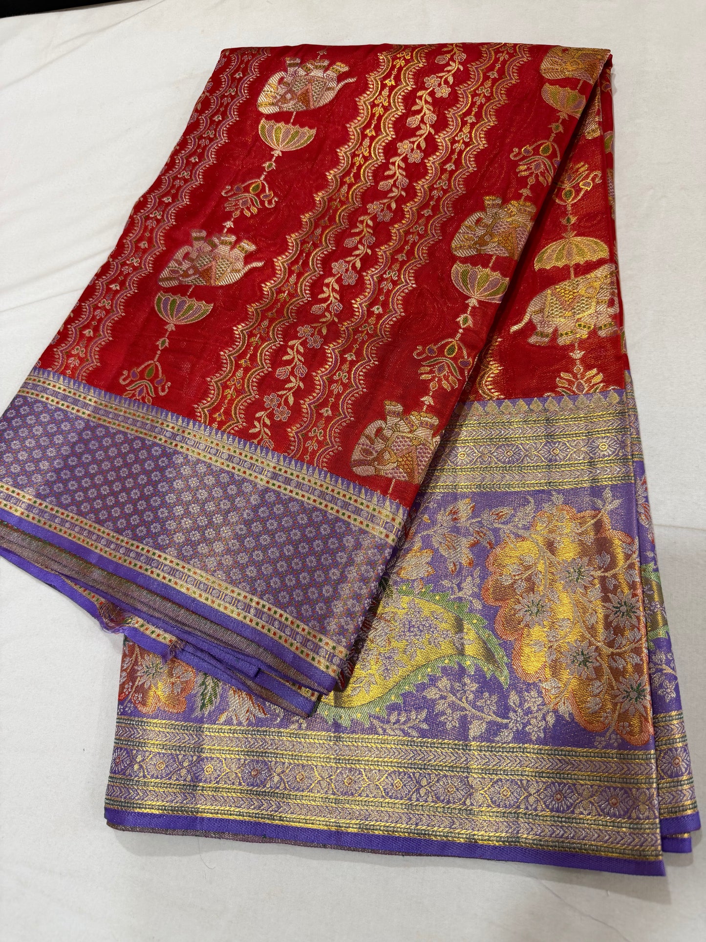 Tomato Red Pure Kanchipattu Saree with Royal Blue Meenakari Border | Silk Mark Certified
