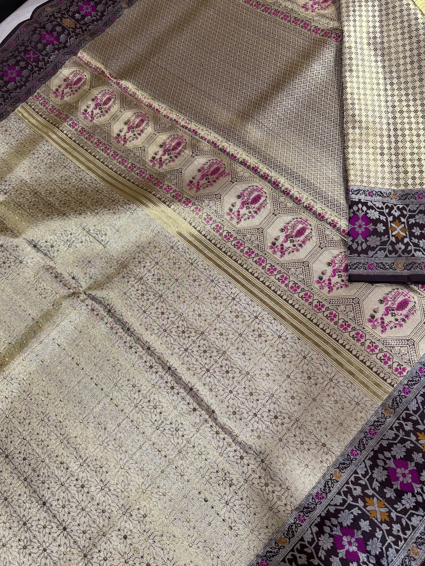 Gold Zari Pure Kanchipattu Saree with Chocolate Brown Meenakari Border | Silk Mark Certified