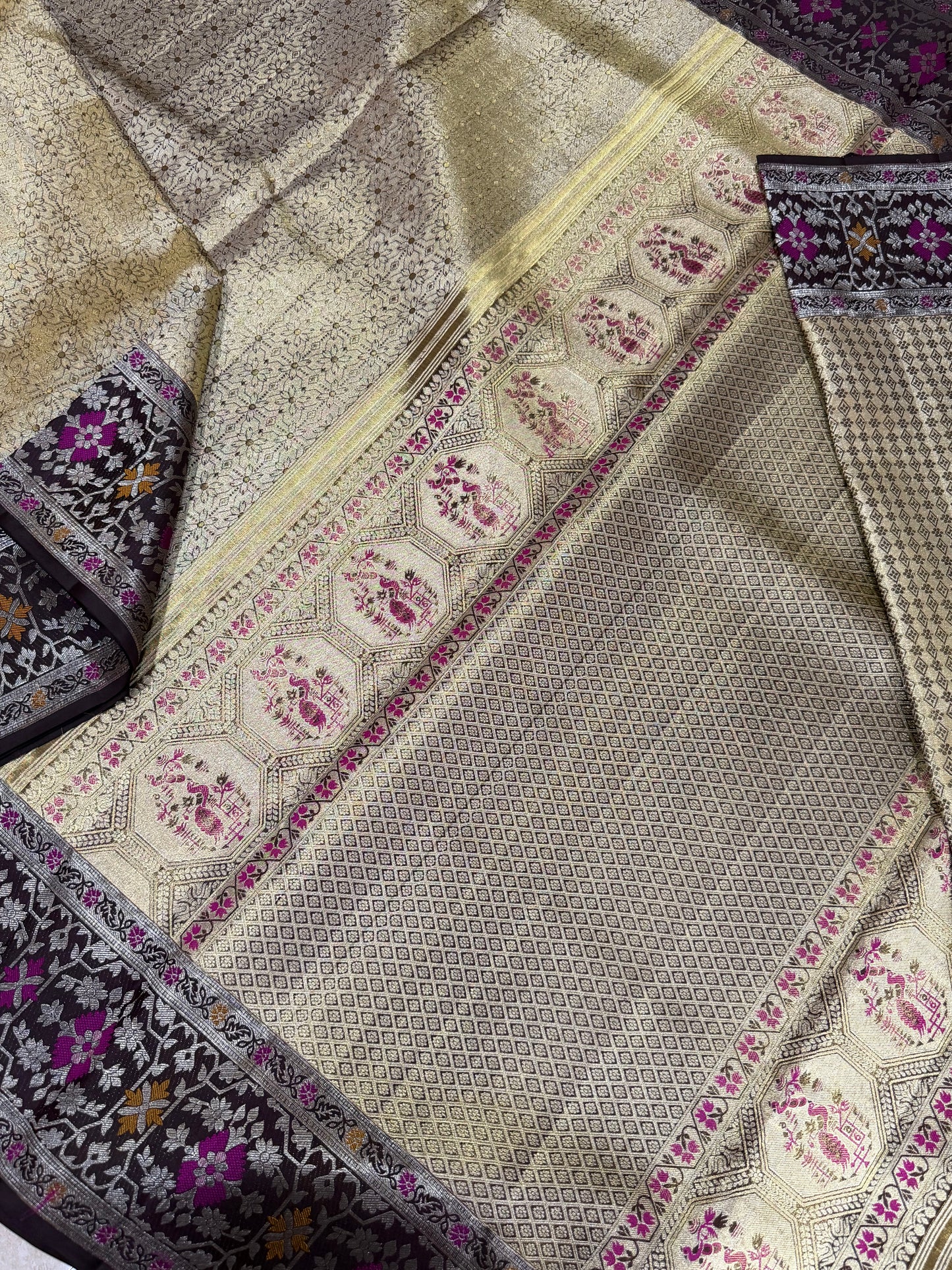 Gold Zari Pure Kanchipattu Saree with Chocolate Brown Meenakari Border | Silk Mark Certified
