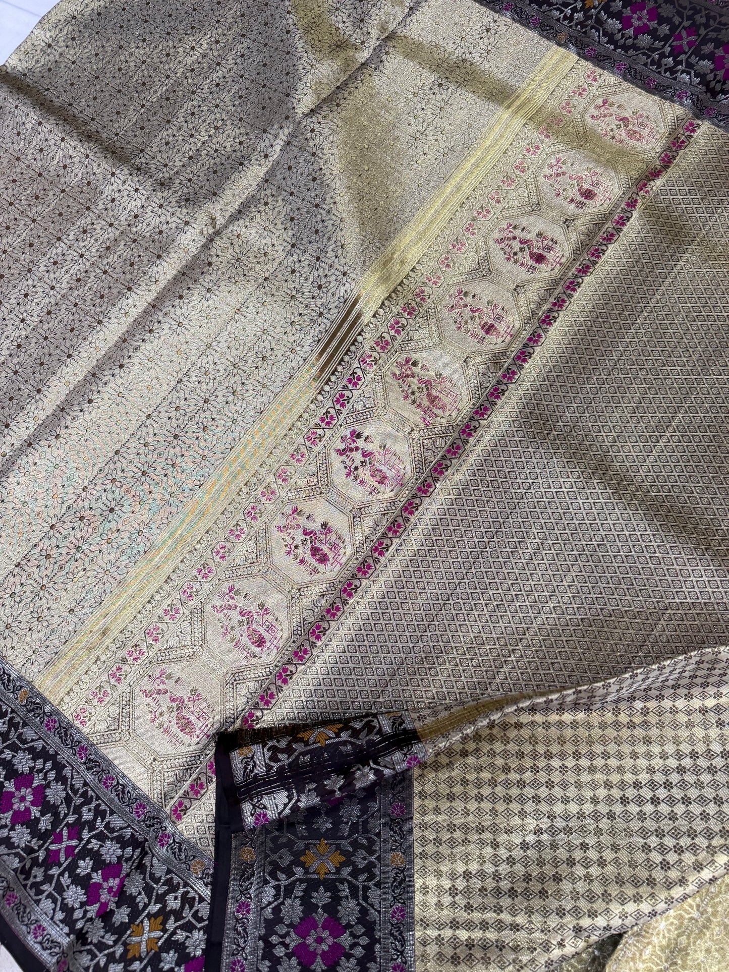 Gold Zari Pure Kanchipattu Saree with Chocolate Brown Meenakari Border | Silk Mark Certified
