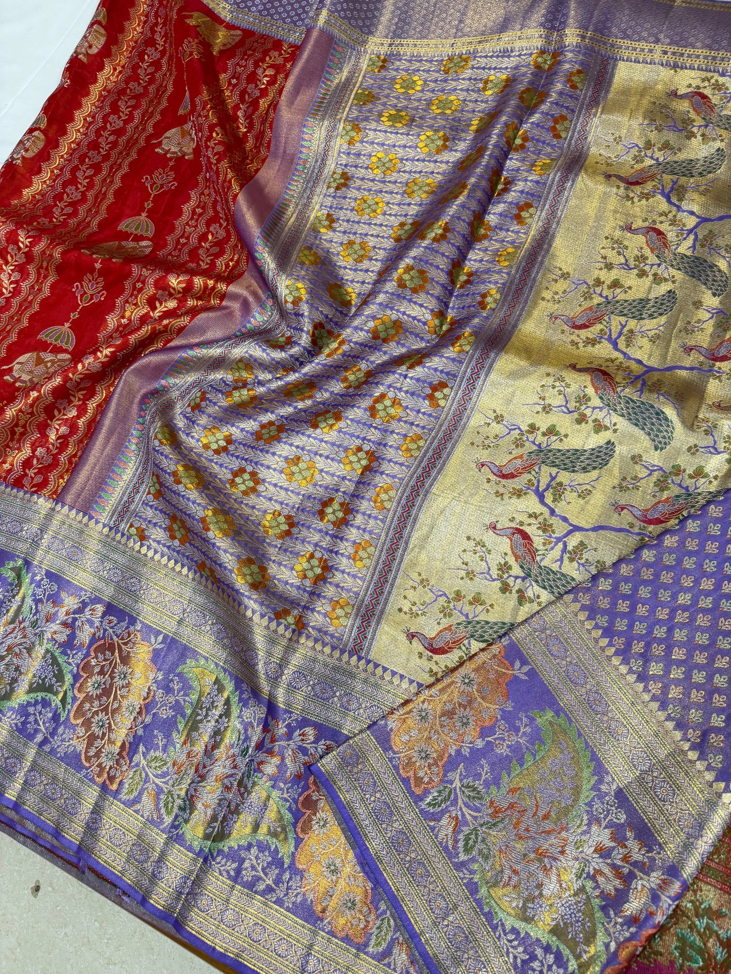 Tomato Red Pure Kanchipattu Saree with Royal Blue Meenakari Border | Silk Mark Certified