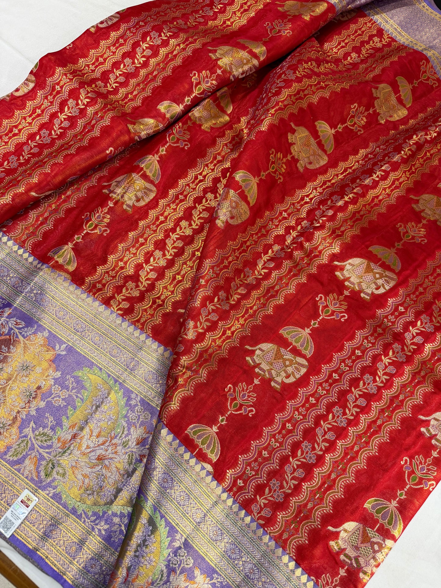 Tomato Red Pure Kanchipattu Saree with Royal Blue Meenakari Border | Silk Mark Certified