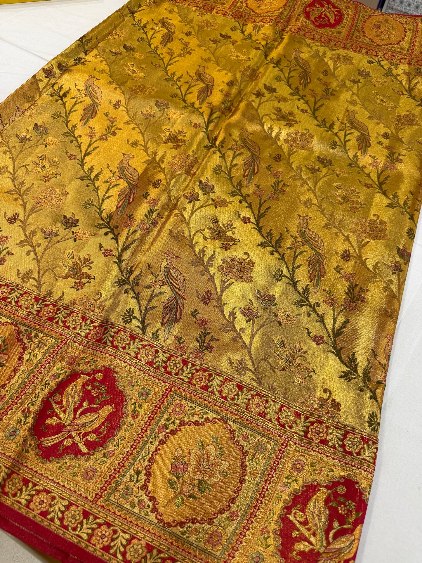 Gold Zari Meenakari Pure Kanchipattu Saree with Tomato Red Parrot Motif Border | Silk Mark Certified
