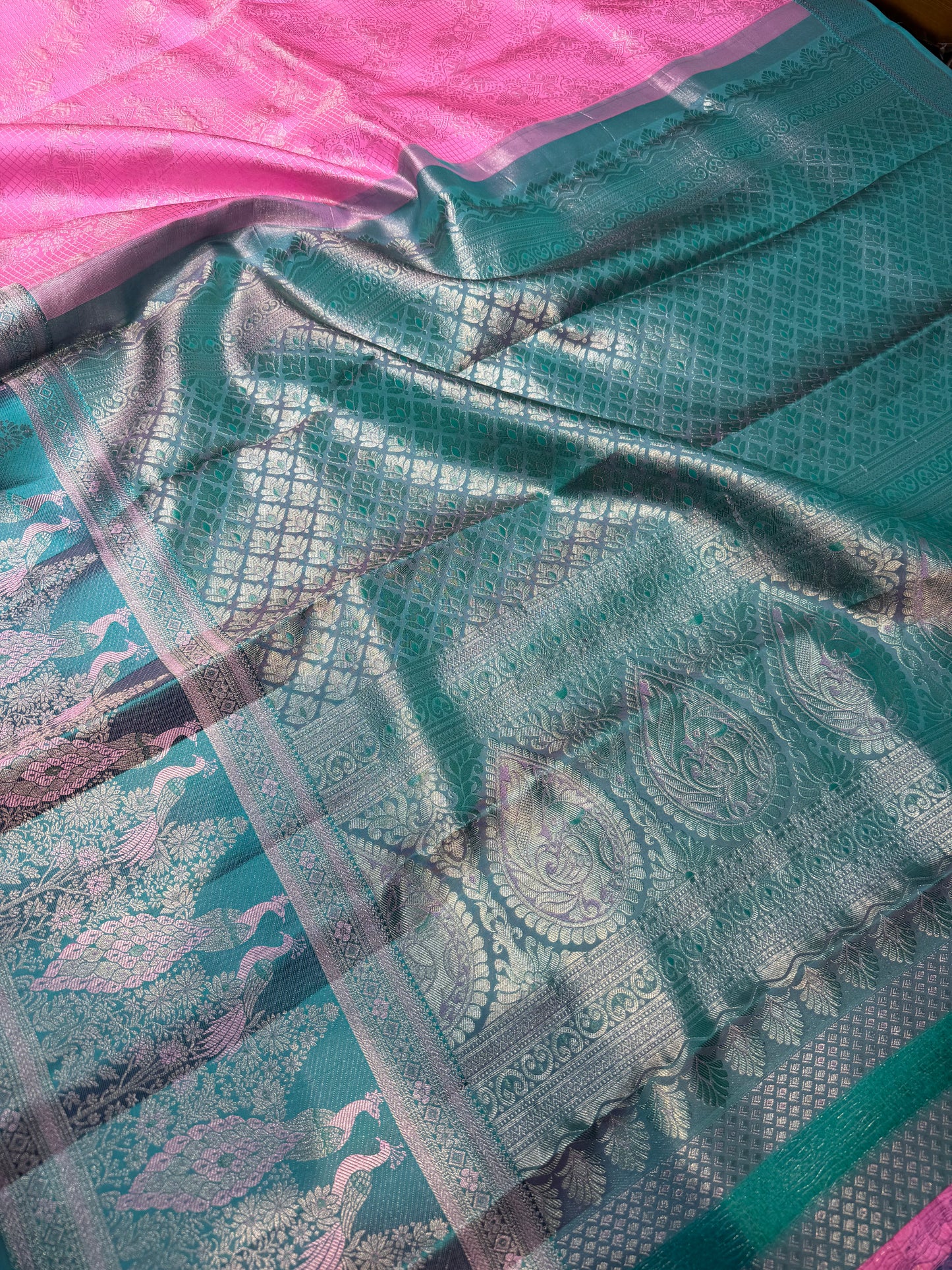 Baby Pink Pure Vintage Saree with Sea Blue Meenakari Border & Peacock Motifs
