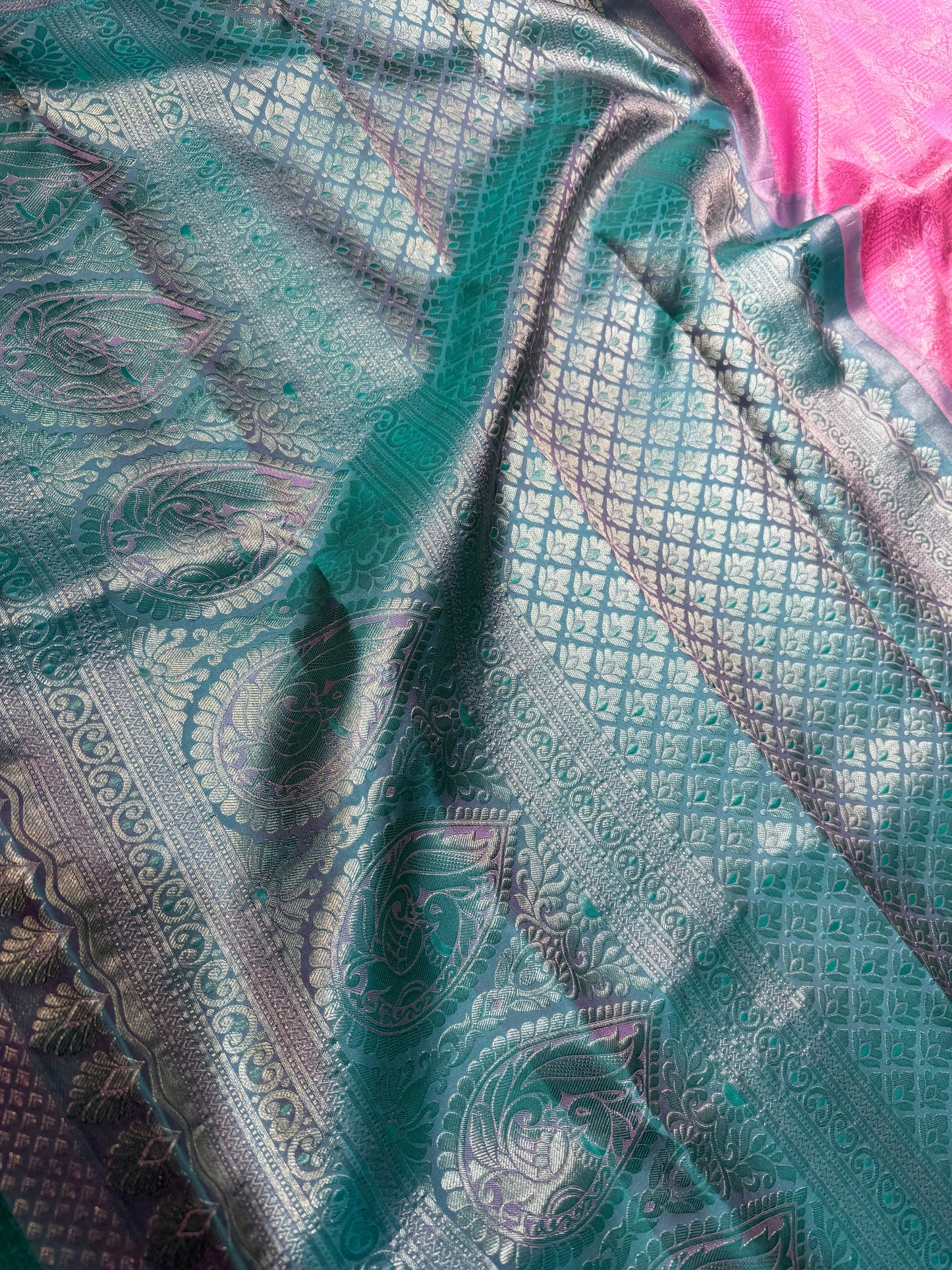 Baby Pink Pure Vintage Saree with Sea Blue Meenakari Border & Peacock Motifs