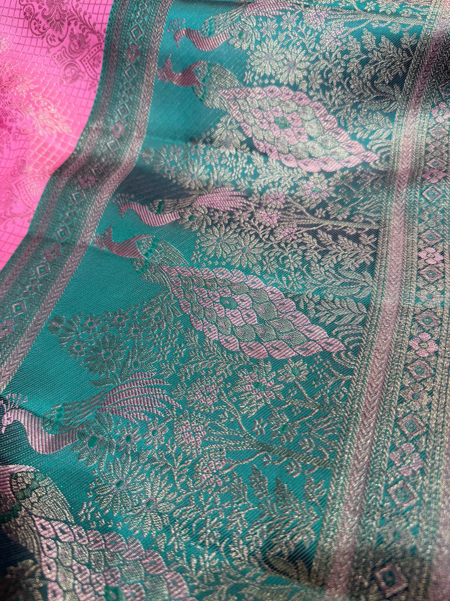 Baby Pink Pure Vintage Saree with Sea Blue Meenakari Border & Peacock Motifs