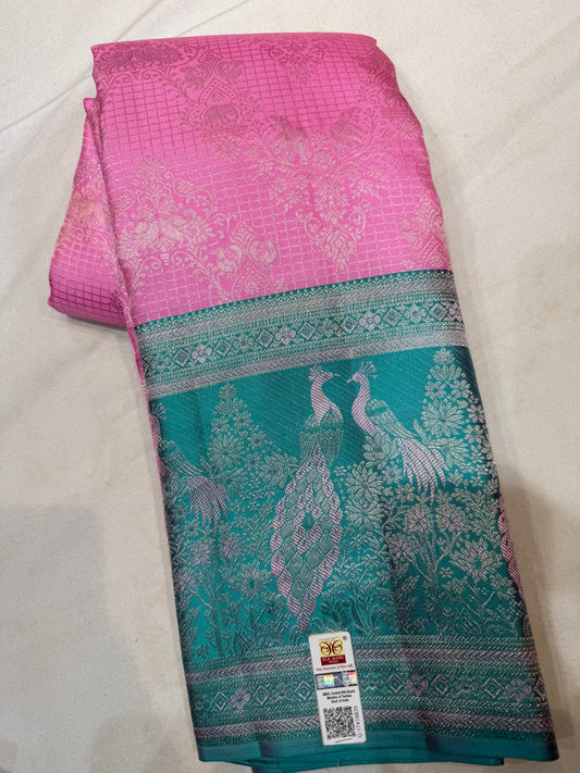 Baby Pink Pure Vintage Saree with Sea Blue Meenakari Border & Peacock Motifs